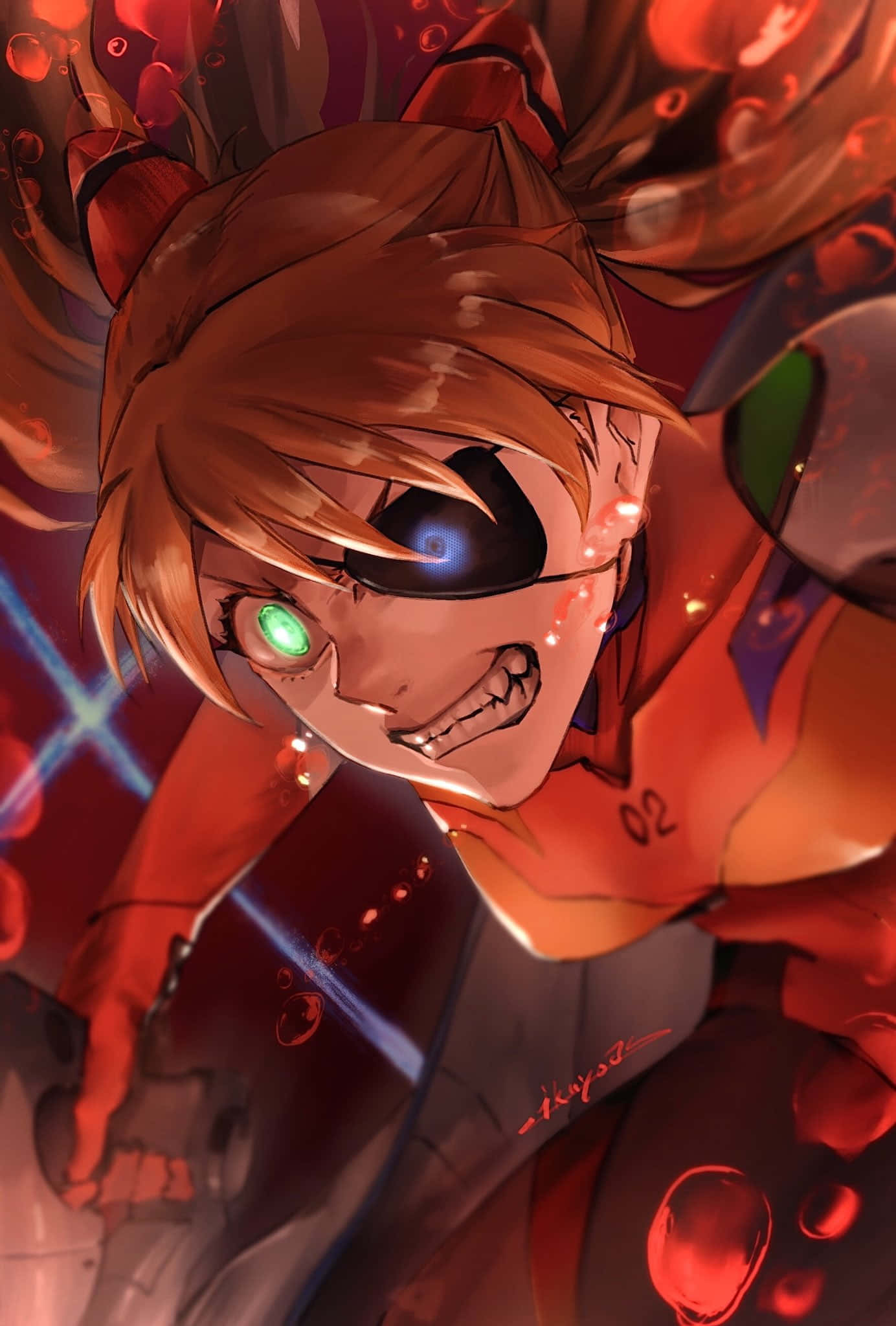 evangelion 4K 桌布 壁紙 — 一位擁有橙色頭髮和發光綠色眼睛的動漫女孩，透過充滿紅色泡泡的環境凝視著。