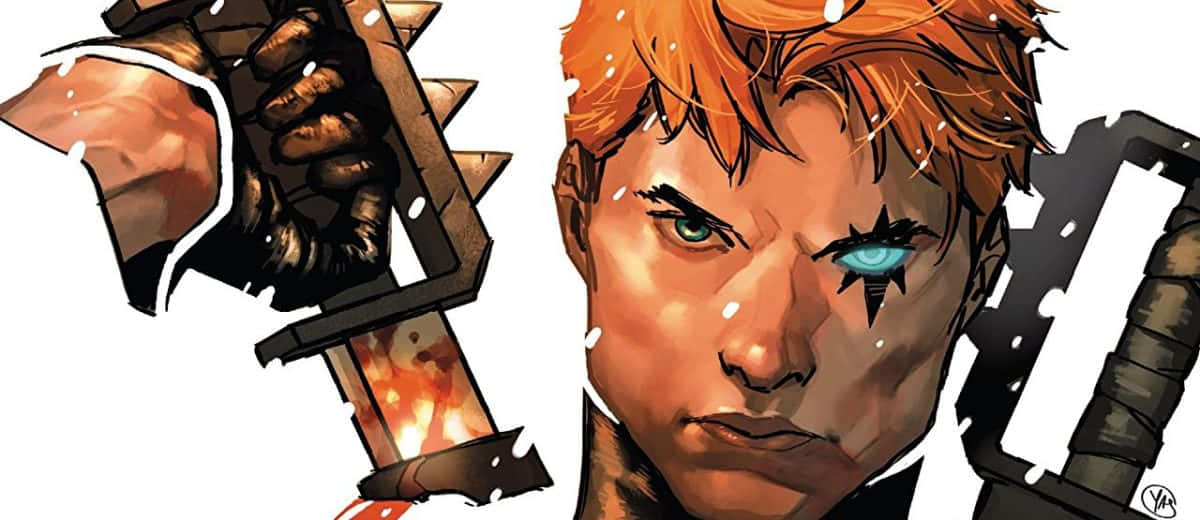 Shatterstar 桌布 壁紙 — 一位擁有橙色頭髮和發光藍色眼睛的兇猛動漫戰士，在純白色背景前手持一把火焰劍。