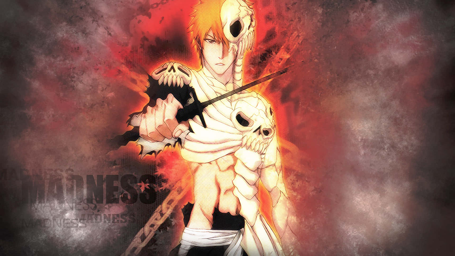 Bleach Thousand-year Blood War Arc 桌布 壁紙 — 一位擁有橙色頭髮和骷髏主題盔甲的動漫戰士，在火紅和黑暗煙霧的背景中揮舞著劍。