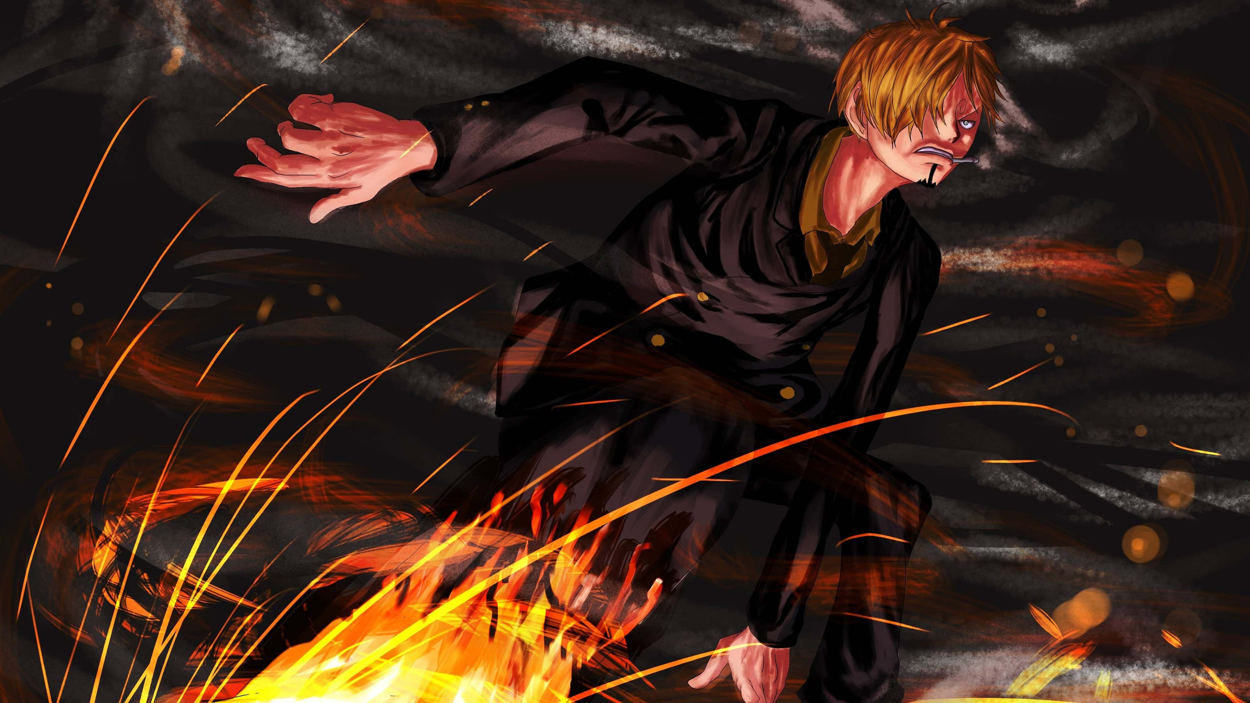 Sanji 桌布 壁紙 — 一位擁有橙色頭髮和黑色外套的火熱動漫戰士，在黑暗旋轉的風暴中釋放火焰。