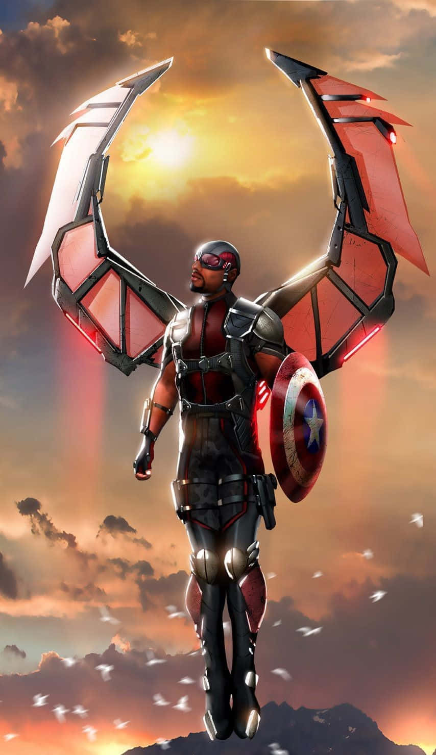 Marvel Falcon Logo 桌布 壁紙 — 一位擁有機械翅膀和盾牌的超級英雄在日落時分站在山頂，背景是火紅的天空。