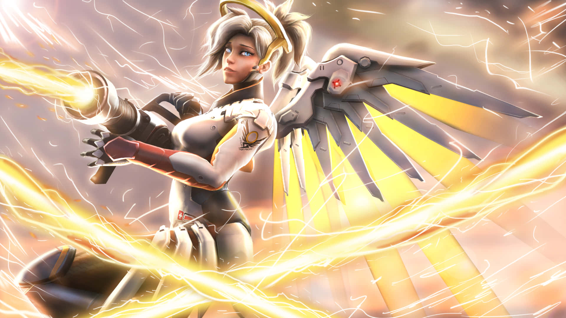 Mercy Overwatch 桌布 壁紙 — 一位擁有機械翅膀的女性天使戰士，在金色能量流中發射發光的大砲。