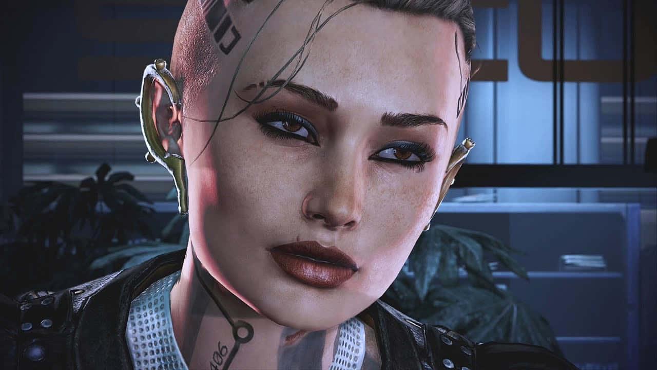 Mass Effect Jack 桌布 壁紙 — 一位擁有機械耳植入物和紋身的賽博龐克女性，在燈光昏暗的未來風格房間中專注地凝視。