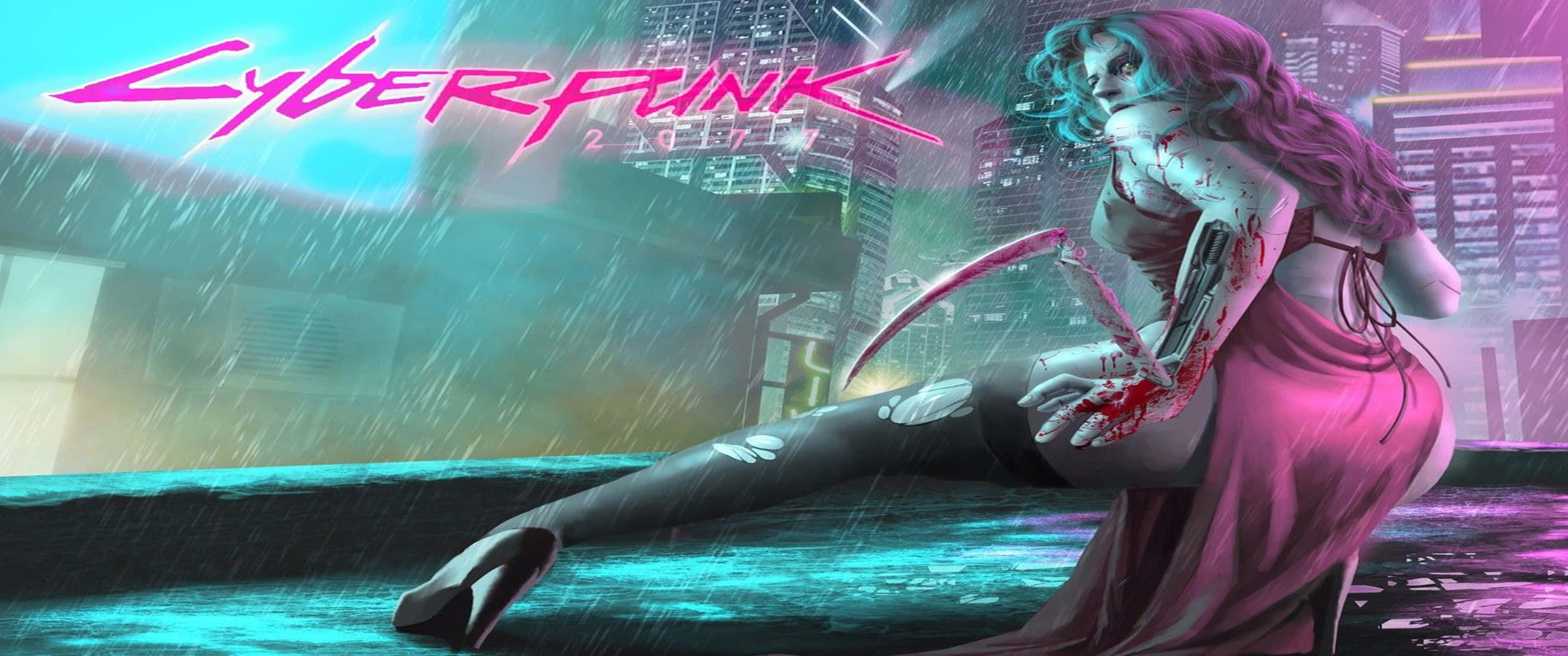 Cyberpunk 2077 桌布 壁紙 — 一位擁有機械臂和血手的賽博龐克蛇蠍美人坐在被雨水浸濕的霓虹城市景觀中。