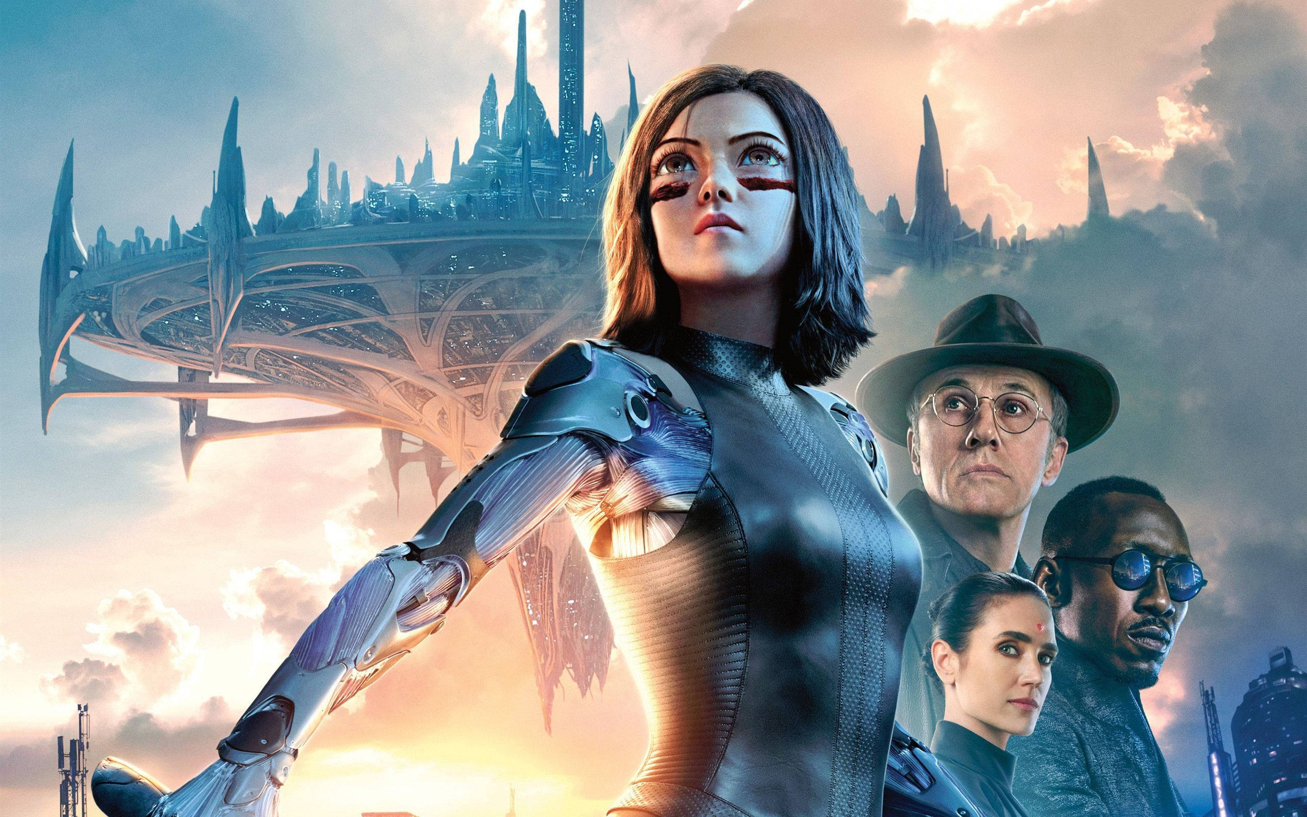 Alita Battle Angel 桌布 壁紙 — 一位擁有機械臂的未來女性在日落時分與其他四個角色站在浮城前。