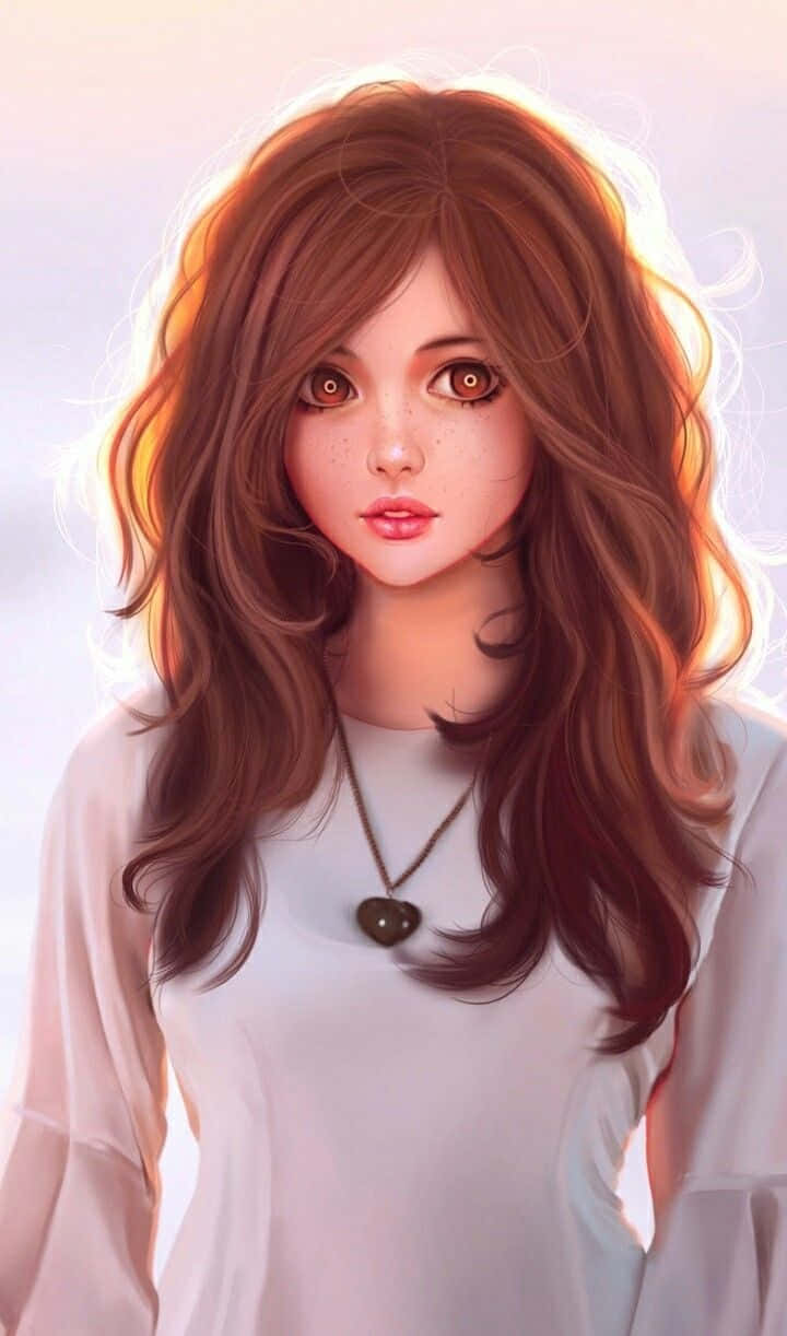 動漫女孩 桌布 壁紙 — 一位擁有波浪棕色頭髮和溫暖琥珀色眼睛的年輕女性，在閃耀的日落背景下溫柔凝視。