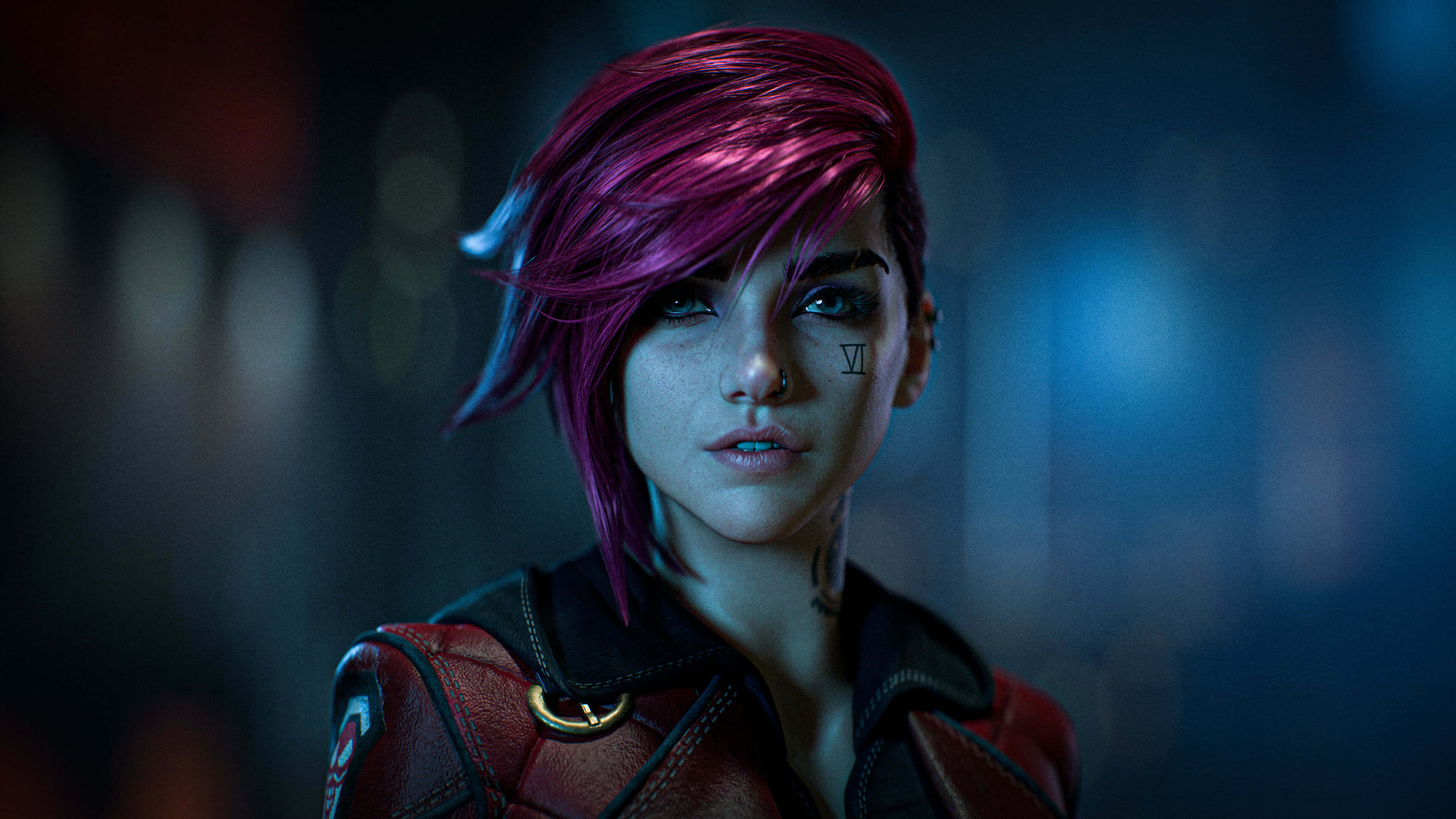 Violet 桌布 壁紙 — 一位擁有洋紅色頭髮和羅馬數字刺青的賽博龐克女性，在模糊的霓虹燈城市背景下專注地凝視。