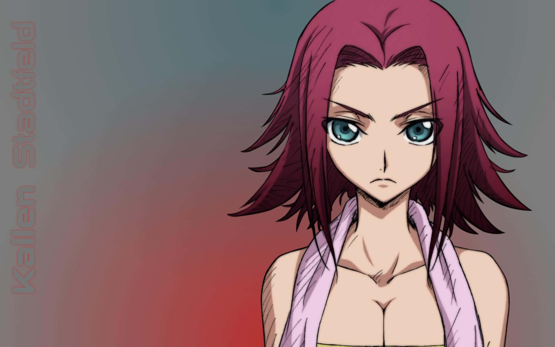 Kallen Stadtfeld 桌布 壁紙 — 一位擁有洋紅色頭髮和藍色眼睛的動漫女孩，在紅色和灰色的漸變背景前凝視著。