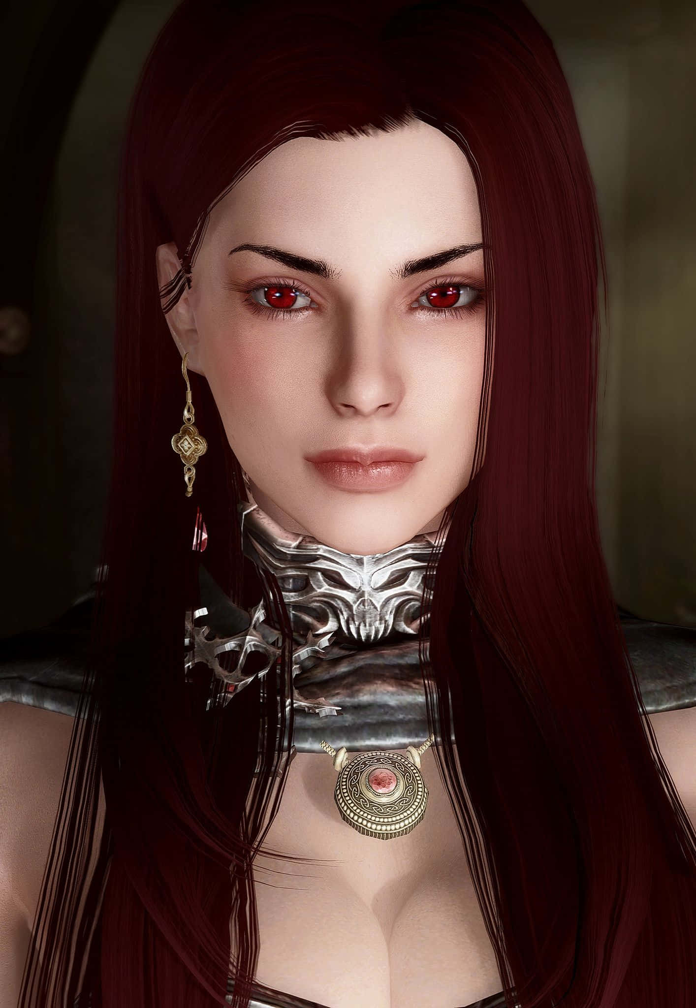 Skyrim Serana 桌布 壁紙 — 一位擁有深紅色長髮和發光紅眼的女性，佩戴華麗金屬頸甲的數位肖像。