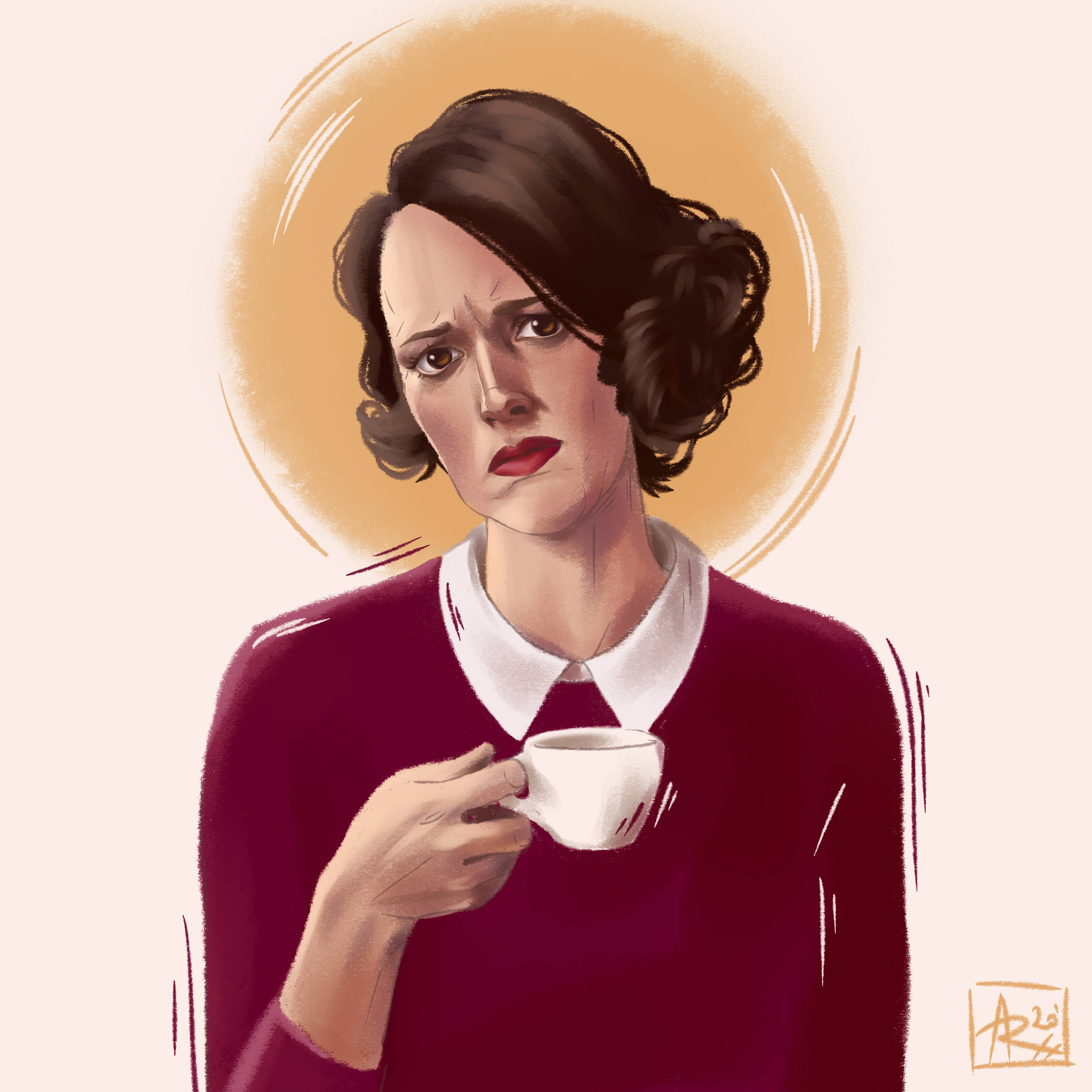 Fleabag 桌布 壁紙 — 一位擁有深色捲髮和紅唇的女性，在溫暖發光的光環背景下拿著一個白色茶杯。