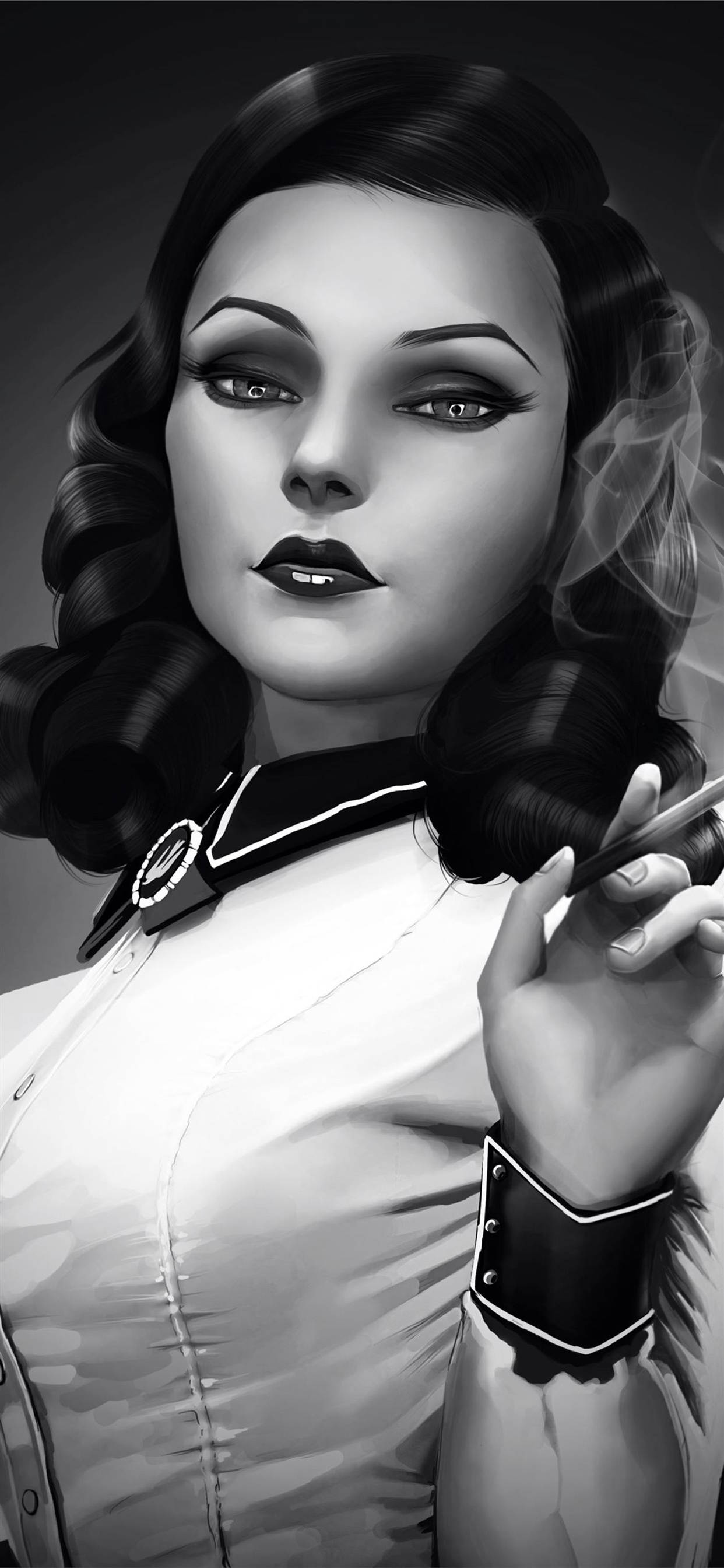 Bioshock Infinite iPhone 桌布 壁紙 — 一位擁有深色捲髮和誇張妝容的迷人女性，在戲劇性的黑白肖像中抽煙。