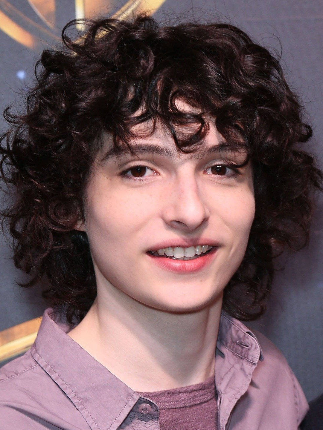 finn wolfhard 桌布 壁紙 — 一位擁有深色捲髮的年輕人穿著淡紫色鈕扣襯衫，溫暖地微笑。