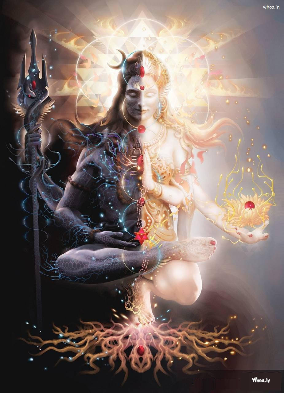 har har mahadev 桌布 壁紙 — 一位擁有深色皮膚和飄逸頭髮的神聖女性神祇，手持三叉戟和發光球體，在冥想中坐著，周圍環繞著光芒四射的光線和宇宙符號。