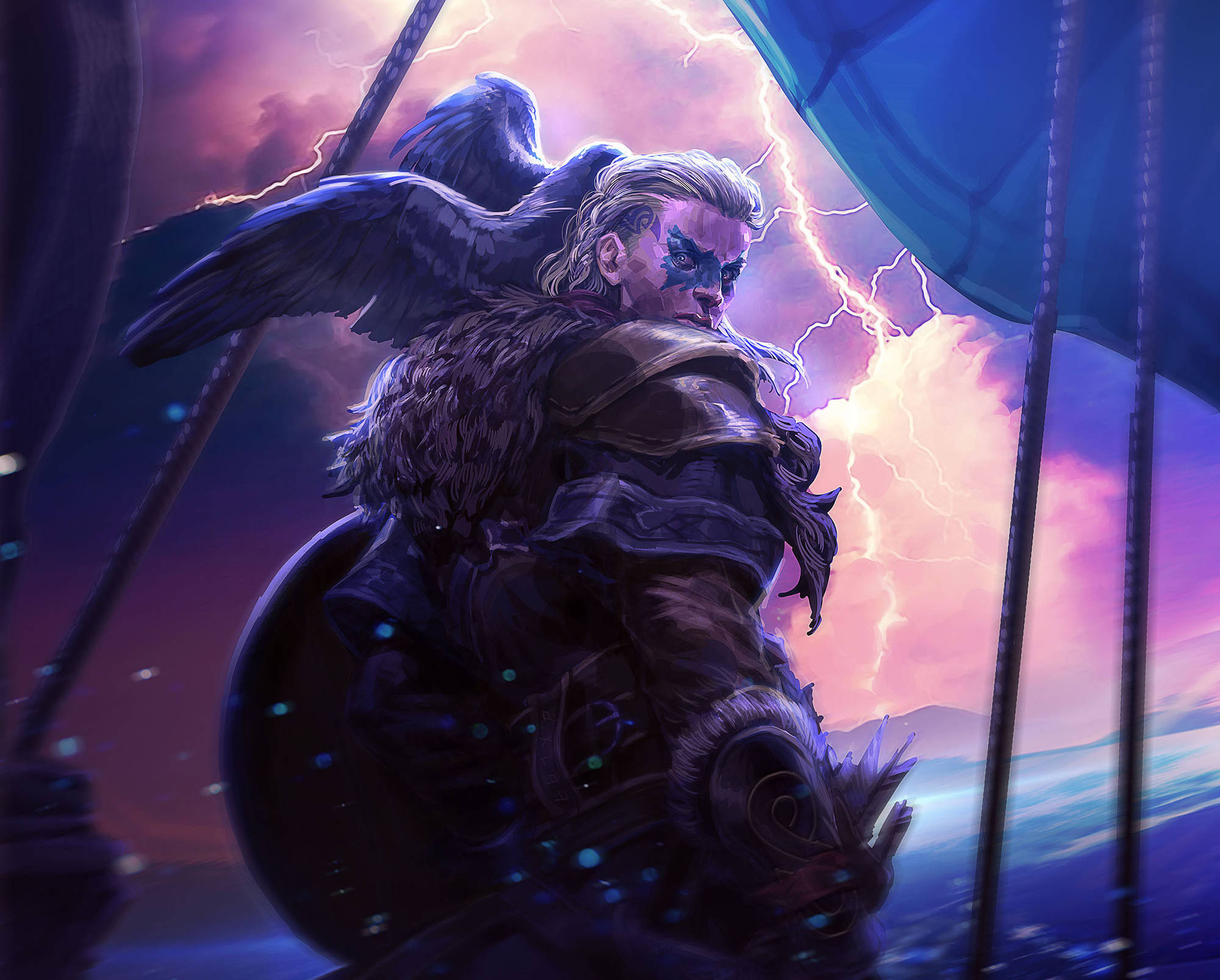 Valhalla 桌布 壁紙 — 一位擁有深色翅膀和毛皮盔甲的戰士站在一艘船上，船下是暴風雨的天空，被鮮豔的紫色閃電照亮。
