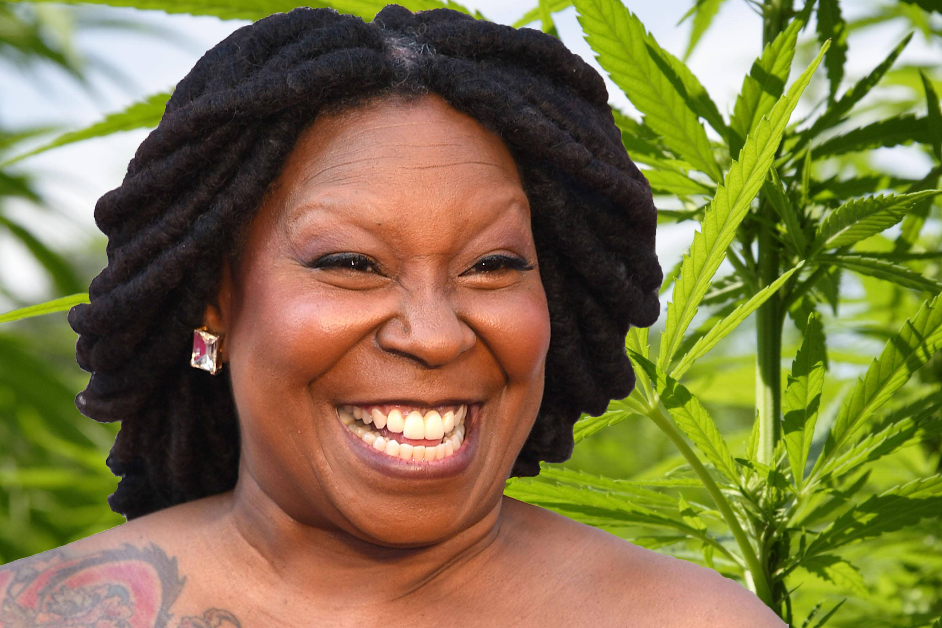 Celebrity 桌布 壁紙 — 一位擁有深色辮子的快樂女性，在明亮的日光下，以茂盛的綠色大麻植物為背景，露出燦爛的笑容。