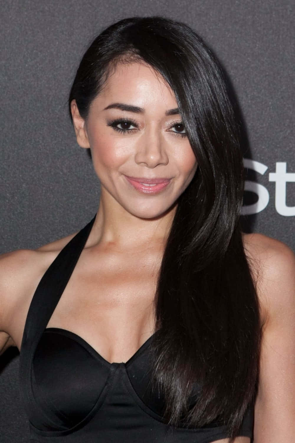 Aimee Garcia 桌布 壁紙 — 一位擁有深色長髮和鮮豔妝容的女性，在灰色背景前穿著黑色掛頸上衣，溫柔地微笑。