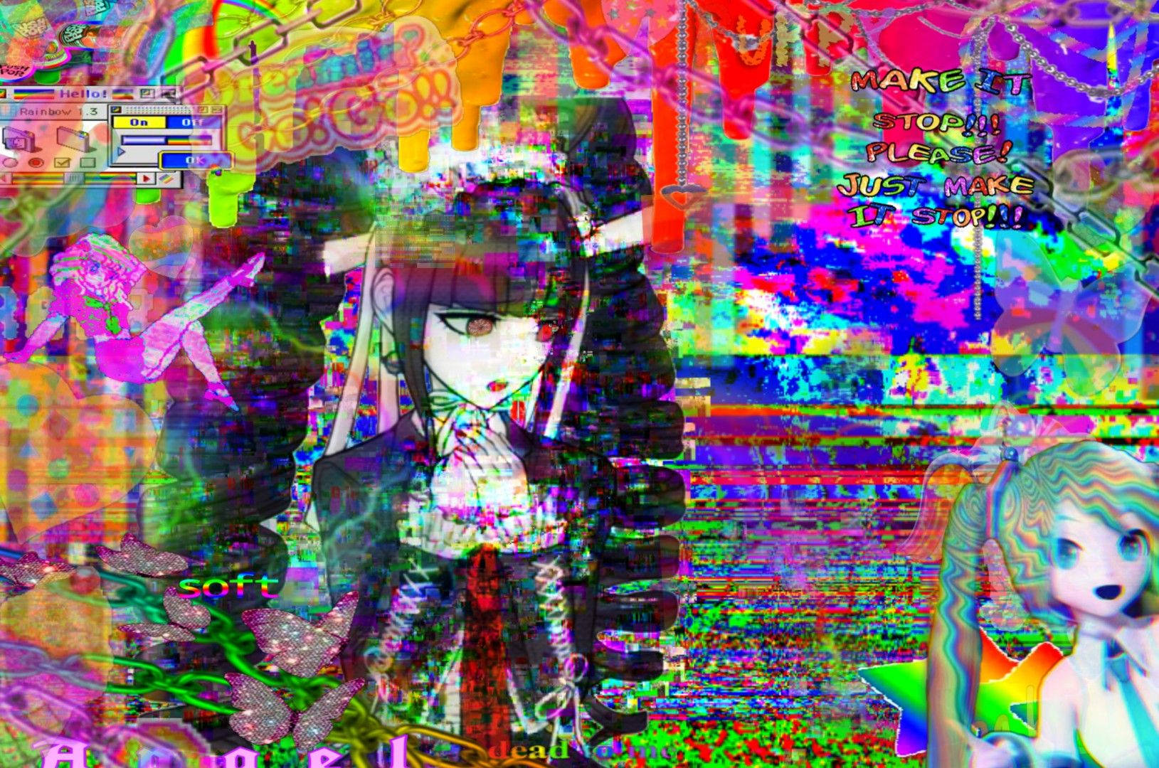 動漫女孩 桌布 壁紙 — 一位擁有深色頭髮和紅色眼睛的故障藝術動漫女孩，站在混亂多彩的數位扭曲和浮動文字之中。