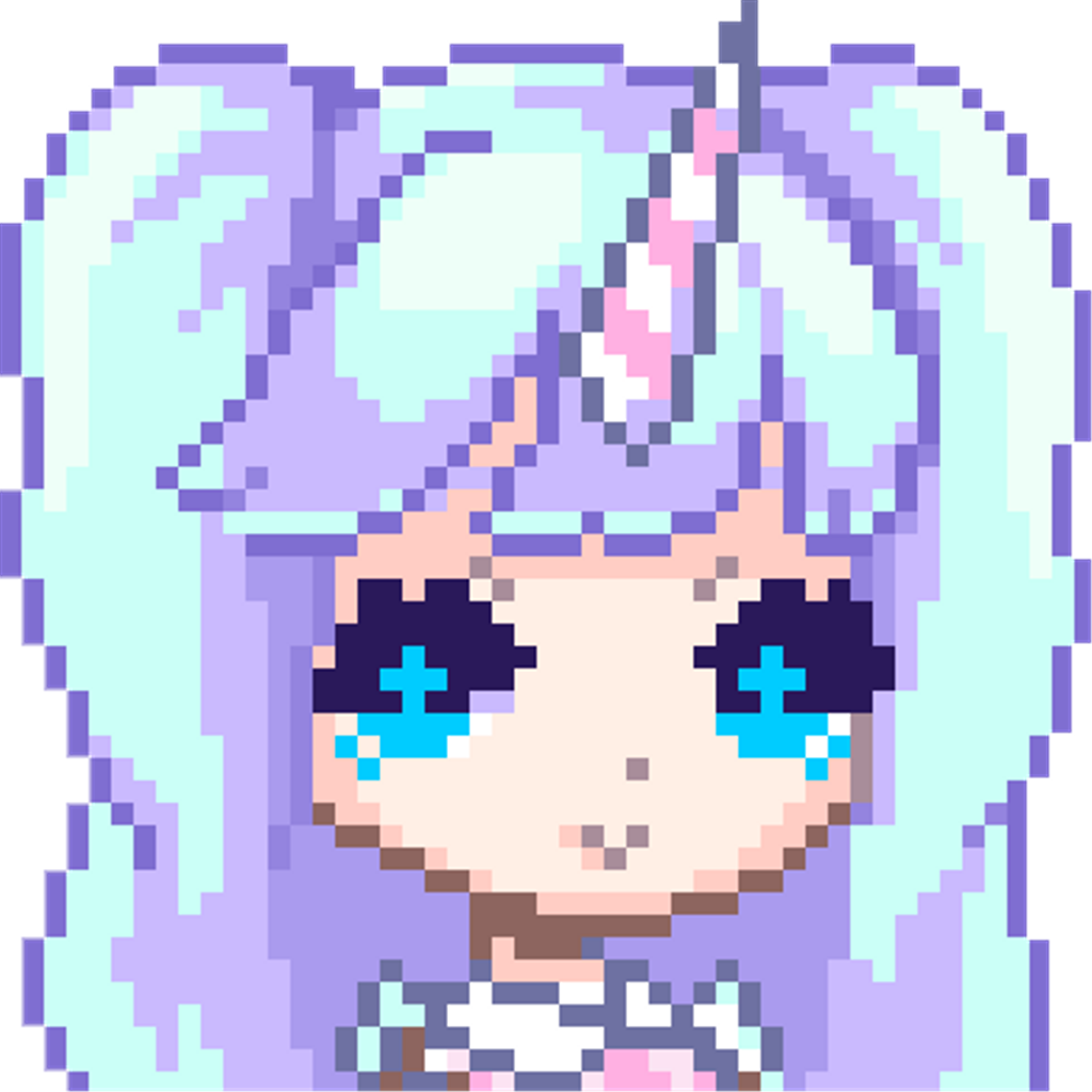 Cute Pixel 桌布 壁紙 — 一位擁有淺紫色頭髮和獨角獸角的像素藝術動漫女孩，帶著藍色大眼睛微笑。
