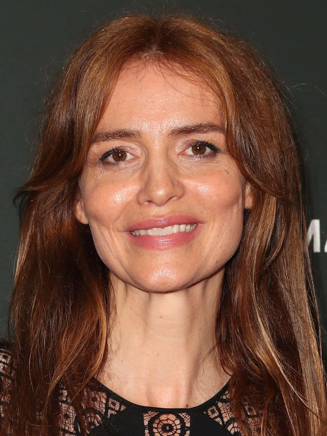 Saffron Burrows 桌布 壁紙 — 一位擁有溫暖棕色頭髮和溫柔微笑的女性穿著黑色蕾絲上衣的特寫肖像。