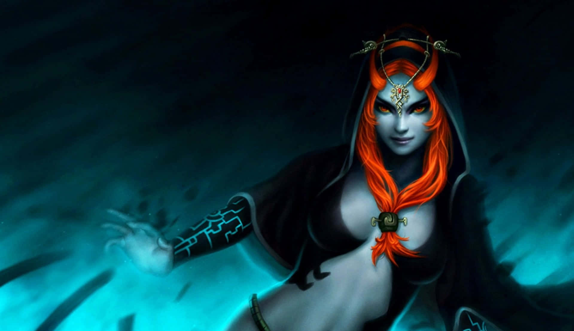The Legend Of Zelda Midna 桌布 壁紙 — 一位擁有火橙色頭髮和發光眼睛的黑暗奇幻女巫，在青綠色光照的虛空中施展魔法。