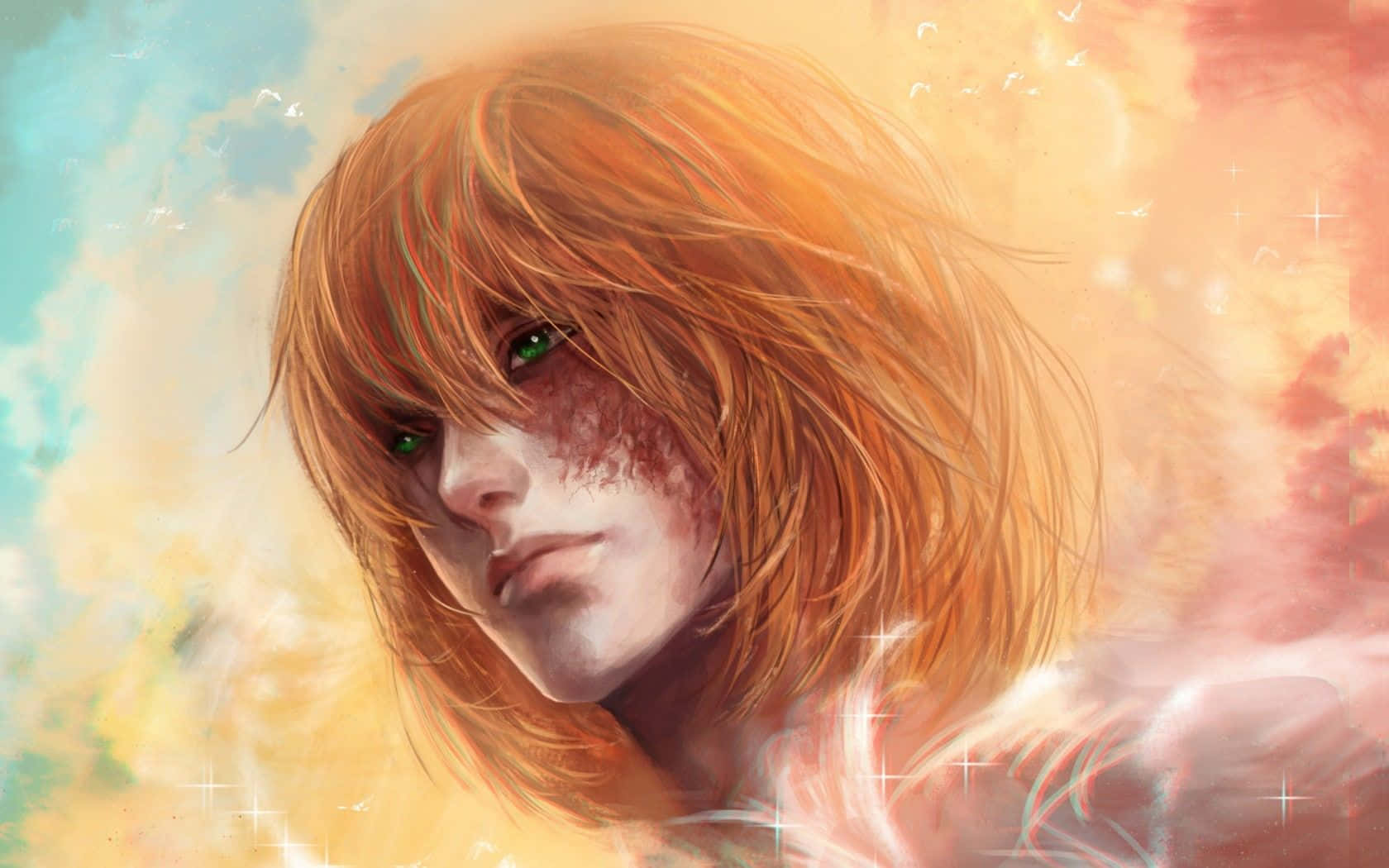 Death Note Mello 桌布 壁紙 — 一位擁有火橙色頭髮和綠色眼睛的年輕女子，溫柔地凝視著溫暖粉彩和閃爍光芒的夢幻天空。