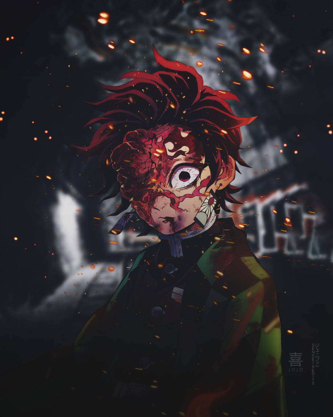 Demon Slayer Aesthetic 桌布 壁紙 — 一位擁有火焰般頭髮、半張臉融化且眼睛發光的動漫戰士，站在黑暗煙霧背景中飄落的餘燼之間。