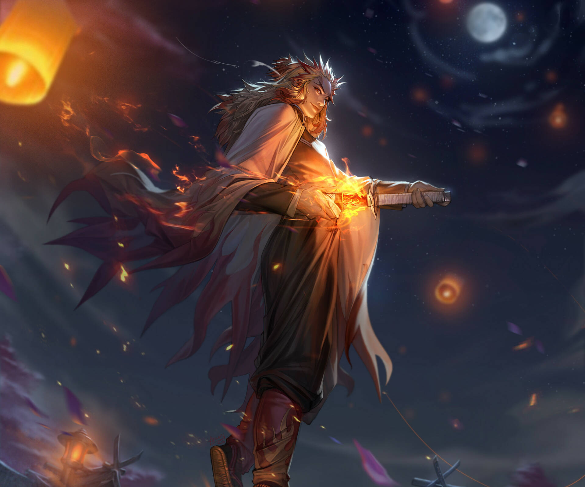 Kyojuro Rengoku 桌布 壁紙 — 一位擁有火焰般頭髮和發光劍的戰士，在繁星點點的夜空下，伴隨著漂浮的燈籠，英勇地站立著。