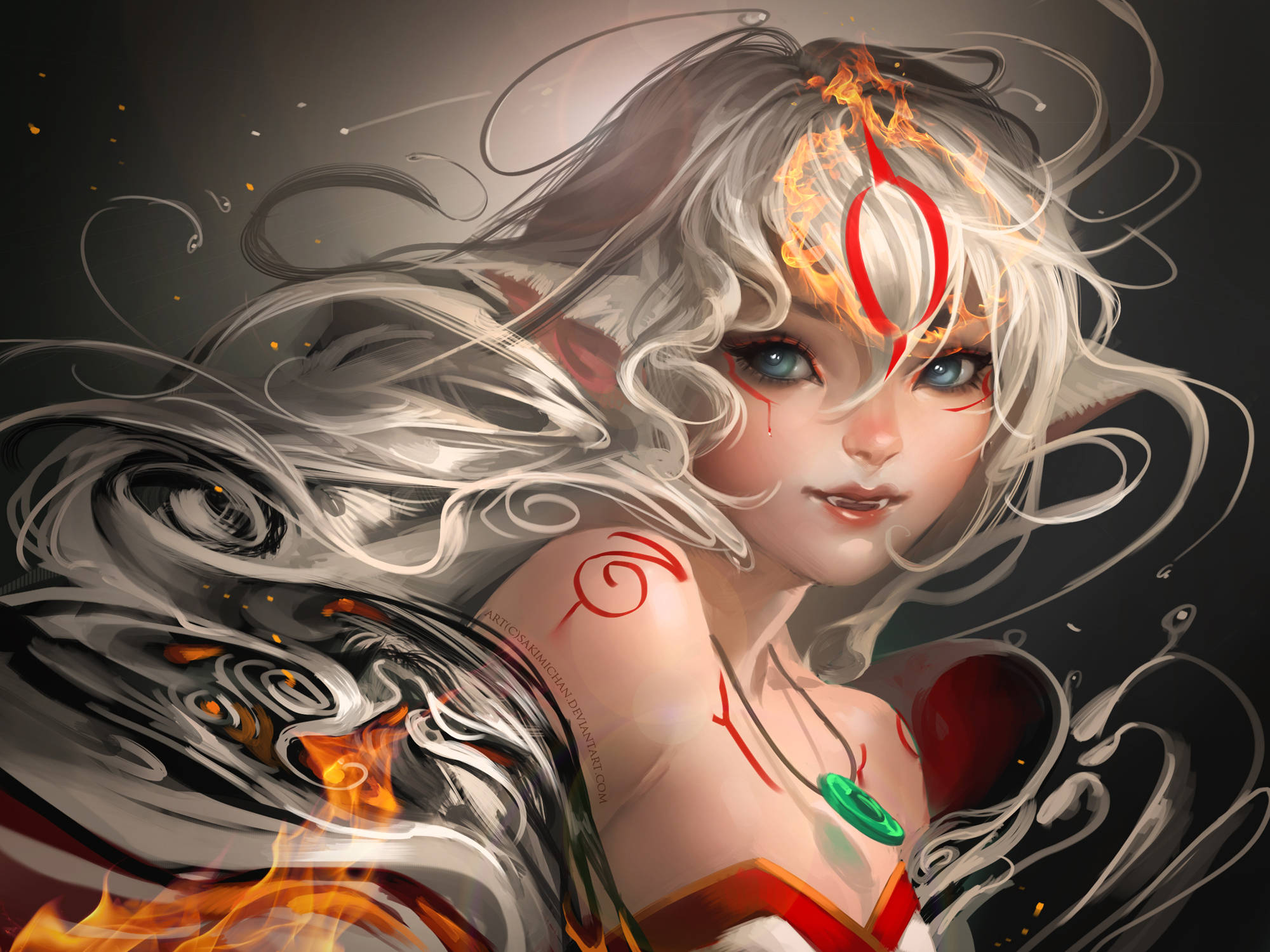 Okami 桌布 壁紙 — 一位擁有火焰般頭髮的動漫女孩，發光的眼睛，周圍環繞著旋轉的煙霧和火焰效果。