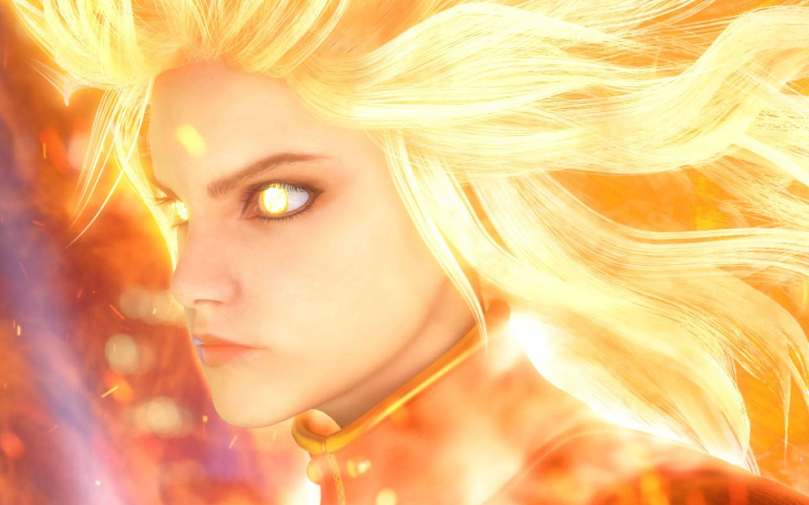captain marvel 4K 桌布 壁紙 — 一位擁有火焰般頭髮的動漫女性，雙眼發光，在耀眼的橙色和金色背景下強烈凝視。