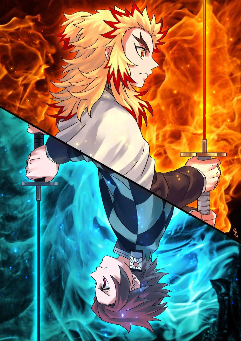 Rengoku And Tanjiro 桌布 壁紙 — 一位擁有火焰般頭髮的動漫戰士，在橙色火焰和藍色能量分裂的背景中揮舞著劍。