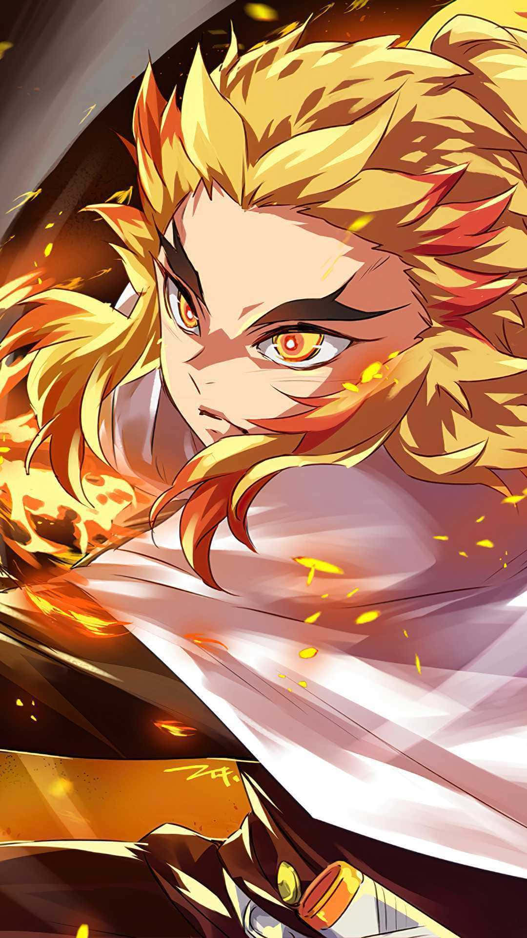 動漫角色，擁有火焰般的頭髮和發光的眼睛，被火焰包圍。 — Fire Emblem Warriors 壁紙