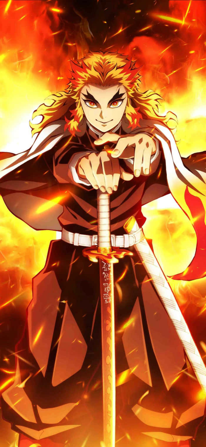 Demon Slayer iPad 桌布 壁紙 — 一位擁有火焰般頭髮的動漫戰士，身穿深色長袍，在爆炸性的橙色火焰和火花中握著一把發光的劍。