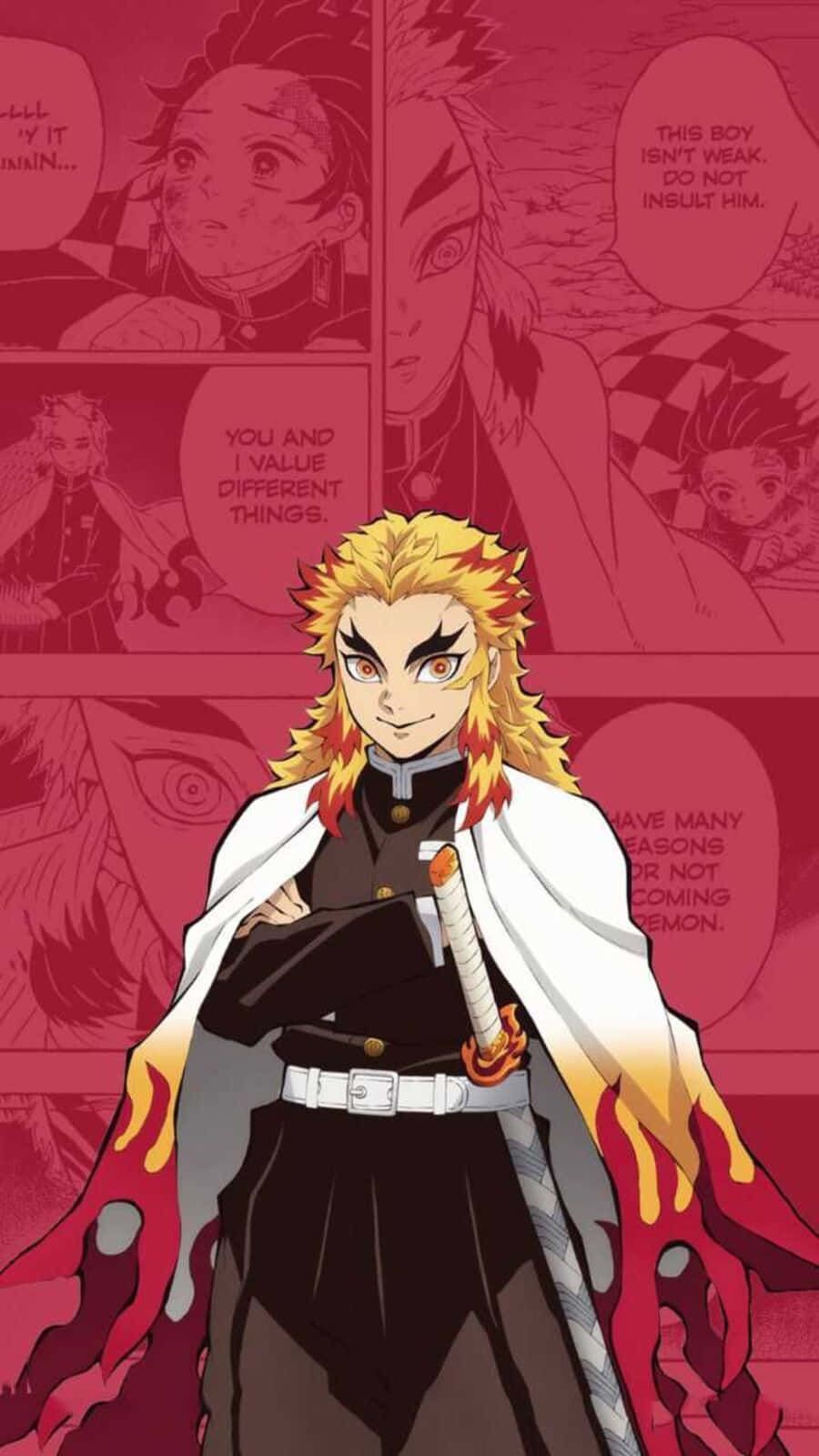 Rengoku Aesthetic 桌布 壁紙 — 一位擁有火焰般頭髮的動漫戰士，身穿黑色制服和白色披風，手持劍，自信地站在紅色漫畫面板背景前。