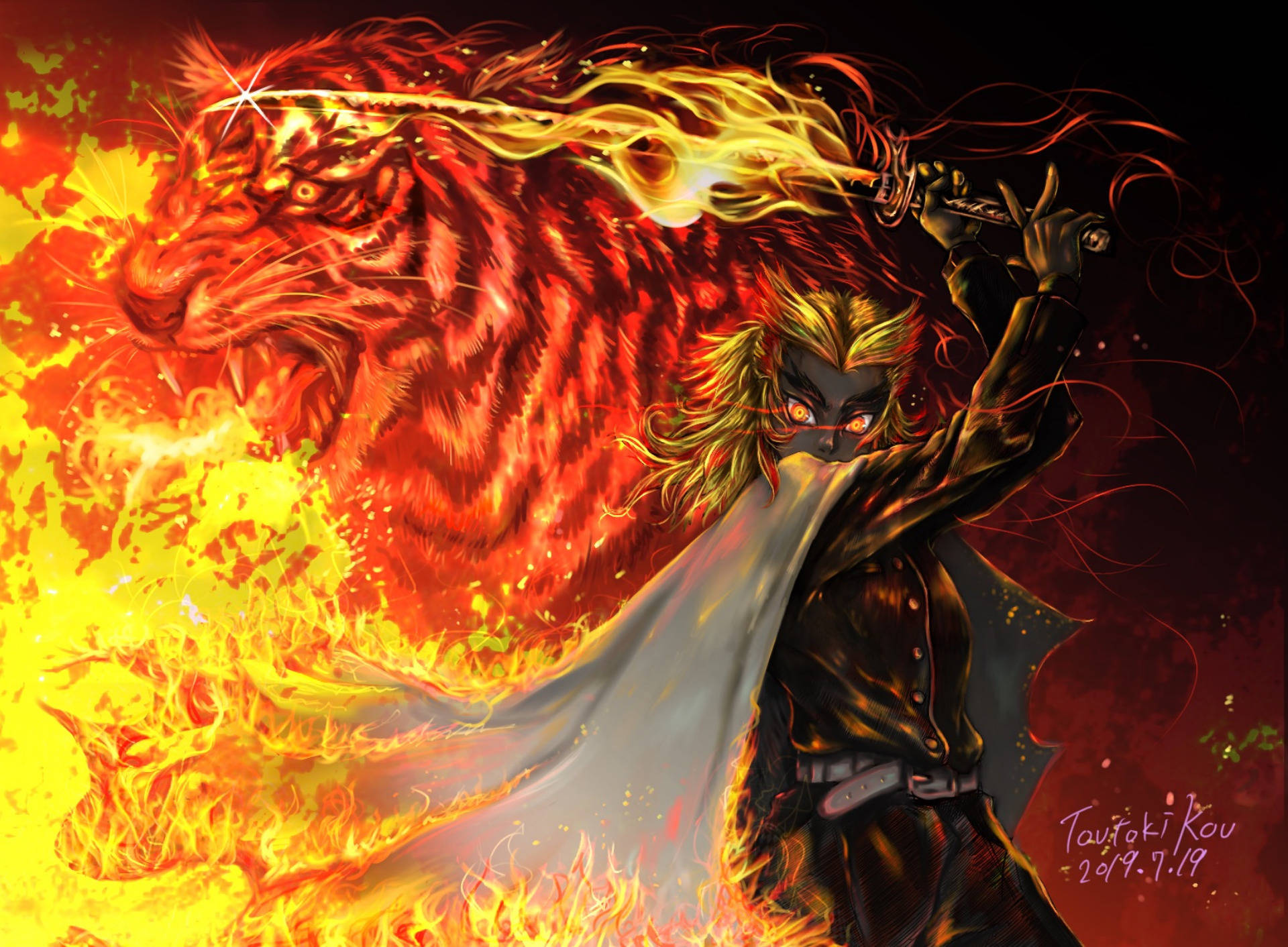 Kyojuro Rengoku 桌布 壁紙 — 一位擁有火焰般頭髮的戰士揮舞著一把燃燒的劍，一頭熾熱的老虎從他們身後的地獄中出現。