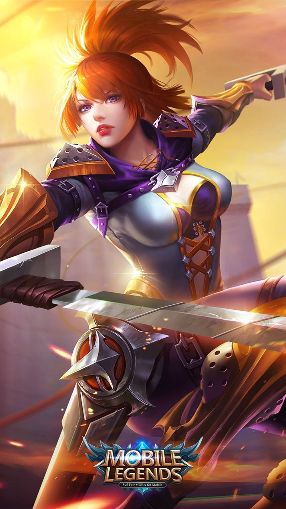 Mobile Legends 動態圖 桌布 壁紙 — 一位擁有火熱橙色頭髮的兇猛女戰士，在溫暖的日落背景下揮舞著發光的劍，遊戲插圖。