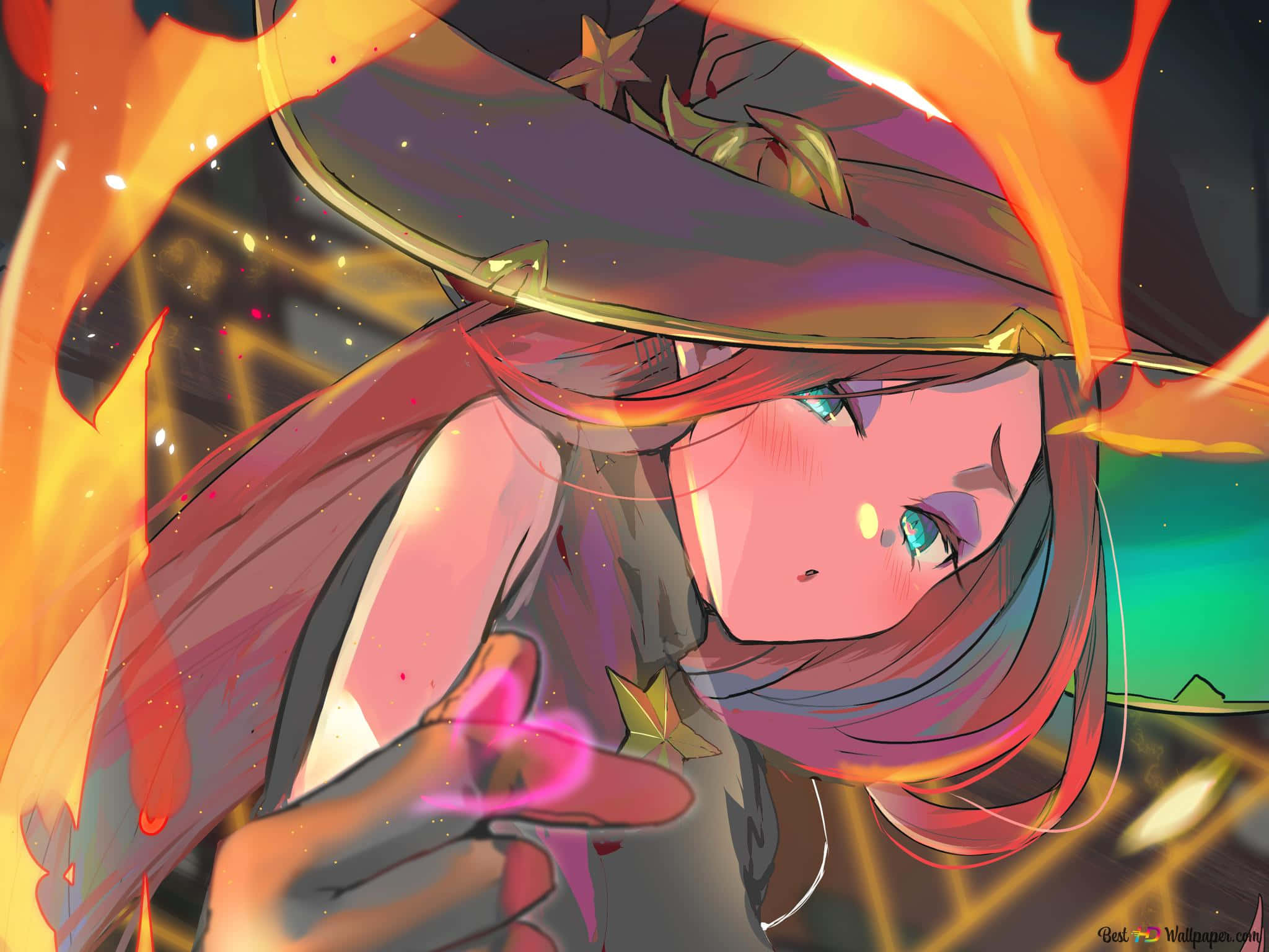 Characters 桌布 壁紙 — 一位擁有火紅頭髮、戴著星星裝飾帽子的動漫女巫，在旋轉的橙色火焰中施展發光的粉紅色咒語。