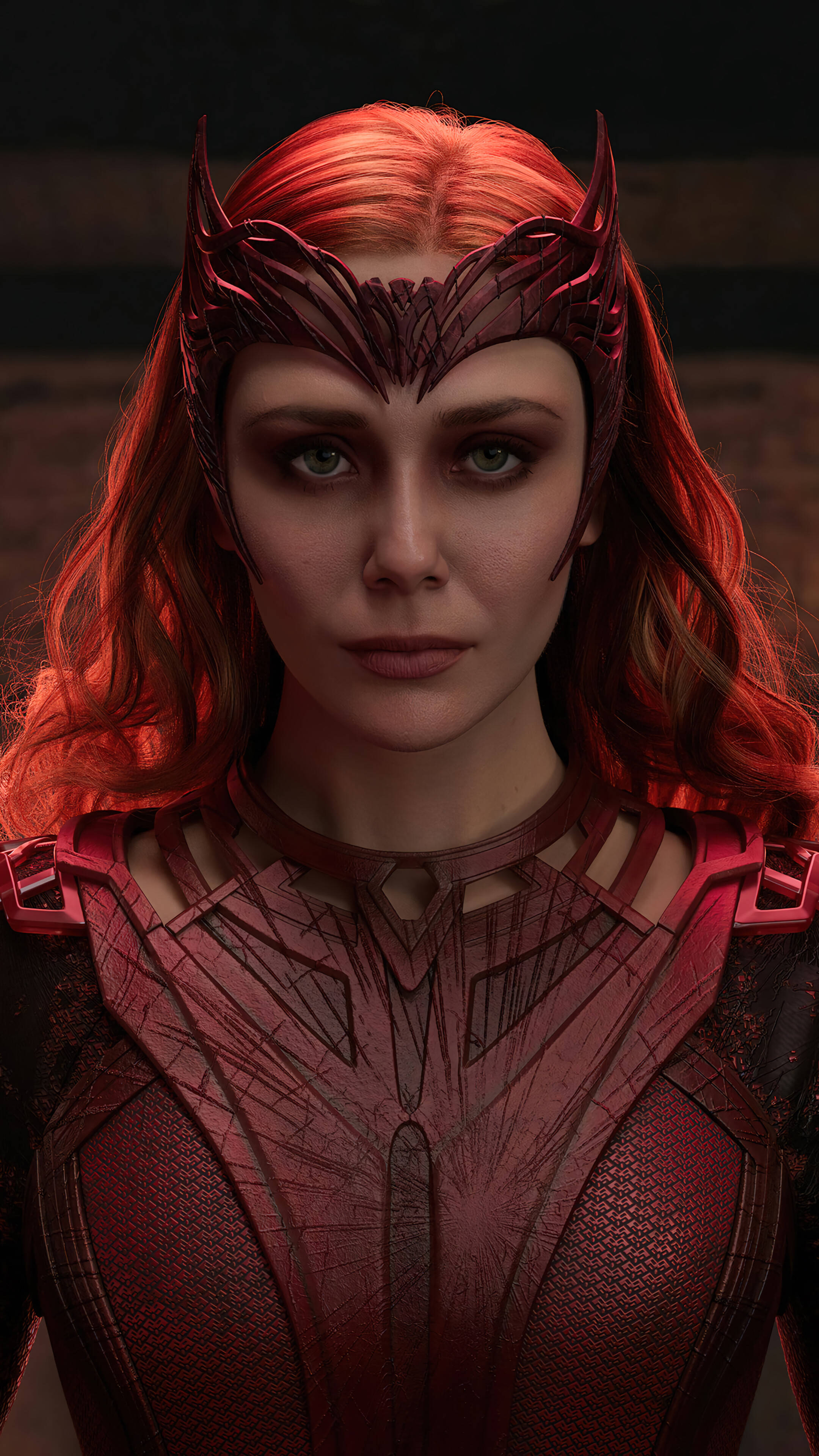 4K marvel iPhone 桌布 壁紙 — 一位擁有火紅頭髮、戴著相配精緻頭盔和盔甲的女性特寫肖像，專注地凝視前方。