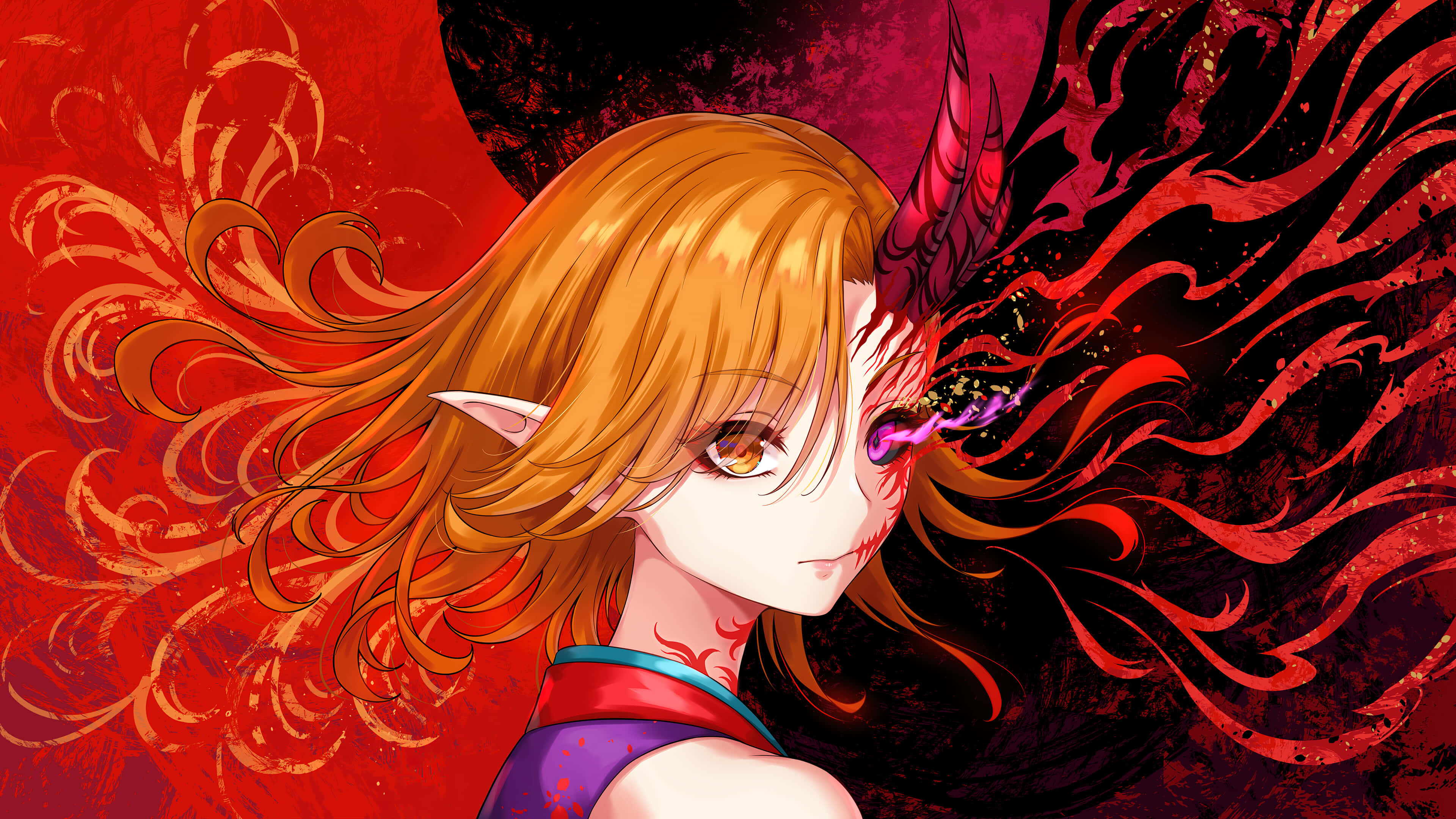 惡魔 桌布 壁紙 — 一位擁有火紅頭髮、角和發光眼睛的動漫女孩，站在旋轉的紅色和黑色背景前。