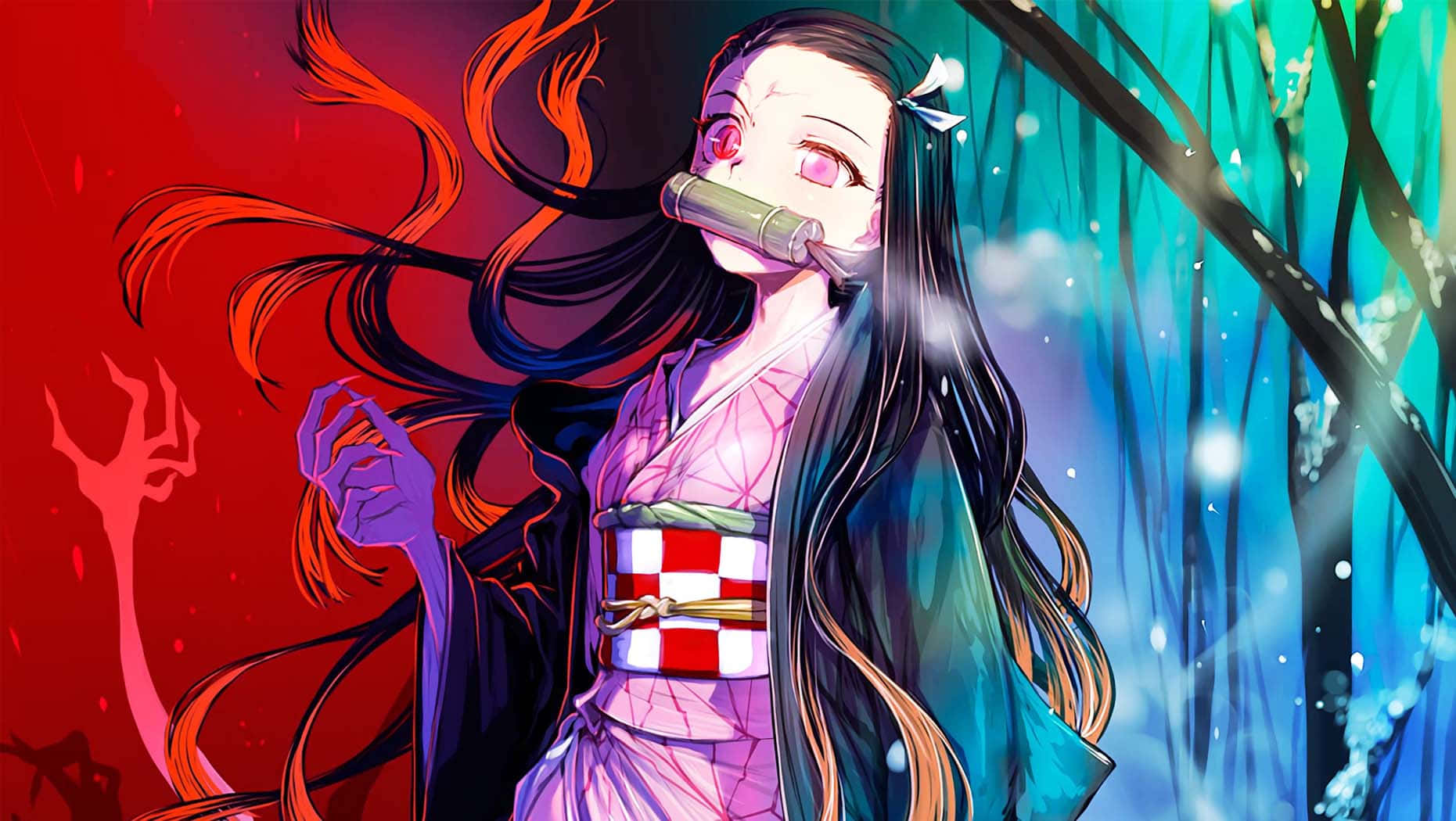 Demon Slayer Season 2 桌布 壁紙 — 一位擁有火紅頭髮、身穿粉紅色和服的動漫女孩，在紅藍森林背景下將竹笛貼在唇邊。