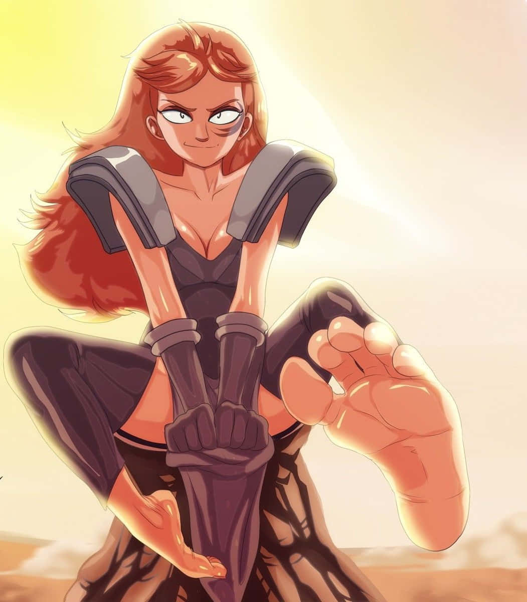 Summer Smith 桌布 壁紙 — 一位擁有火紅頭髮和堅定眼神的兇猛動漫戰士，在閃耀的日落背景下擺出強有力的姿勢。