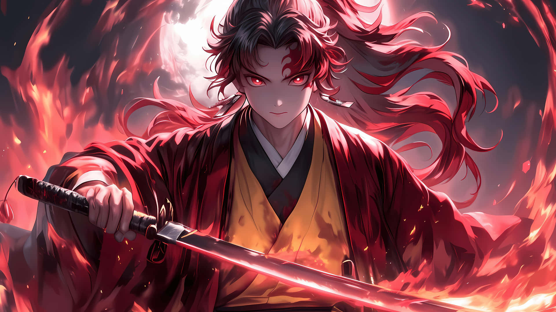 紅髮發光眼睛的武士戰士，手持劍，被火焰包圍。 — Fire Emblem Warriors 壁紙