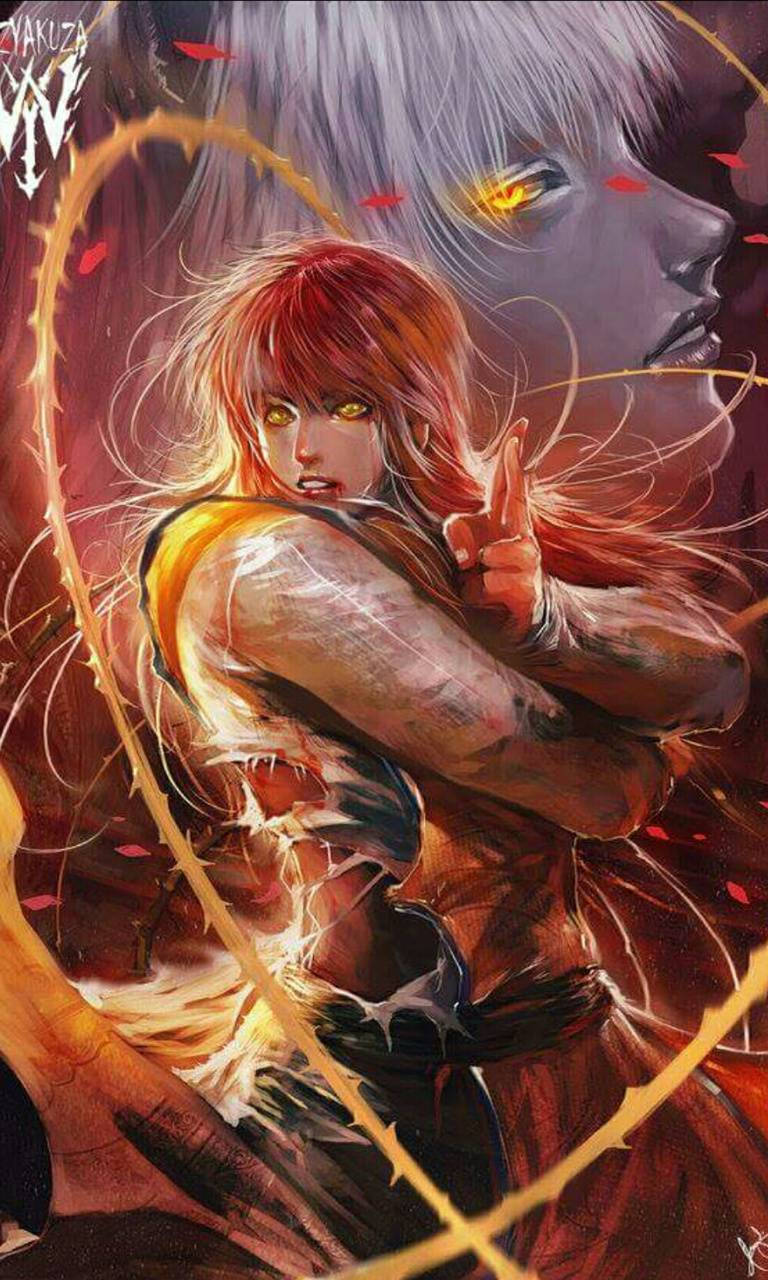 Kurama 桌布 壁紙 — 一位擁有火紅頭髮和發光黃色眼睛的兇猛戰士，以動態的動漫戰鬥姿勢引導能量。