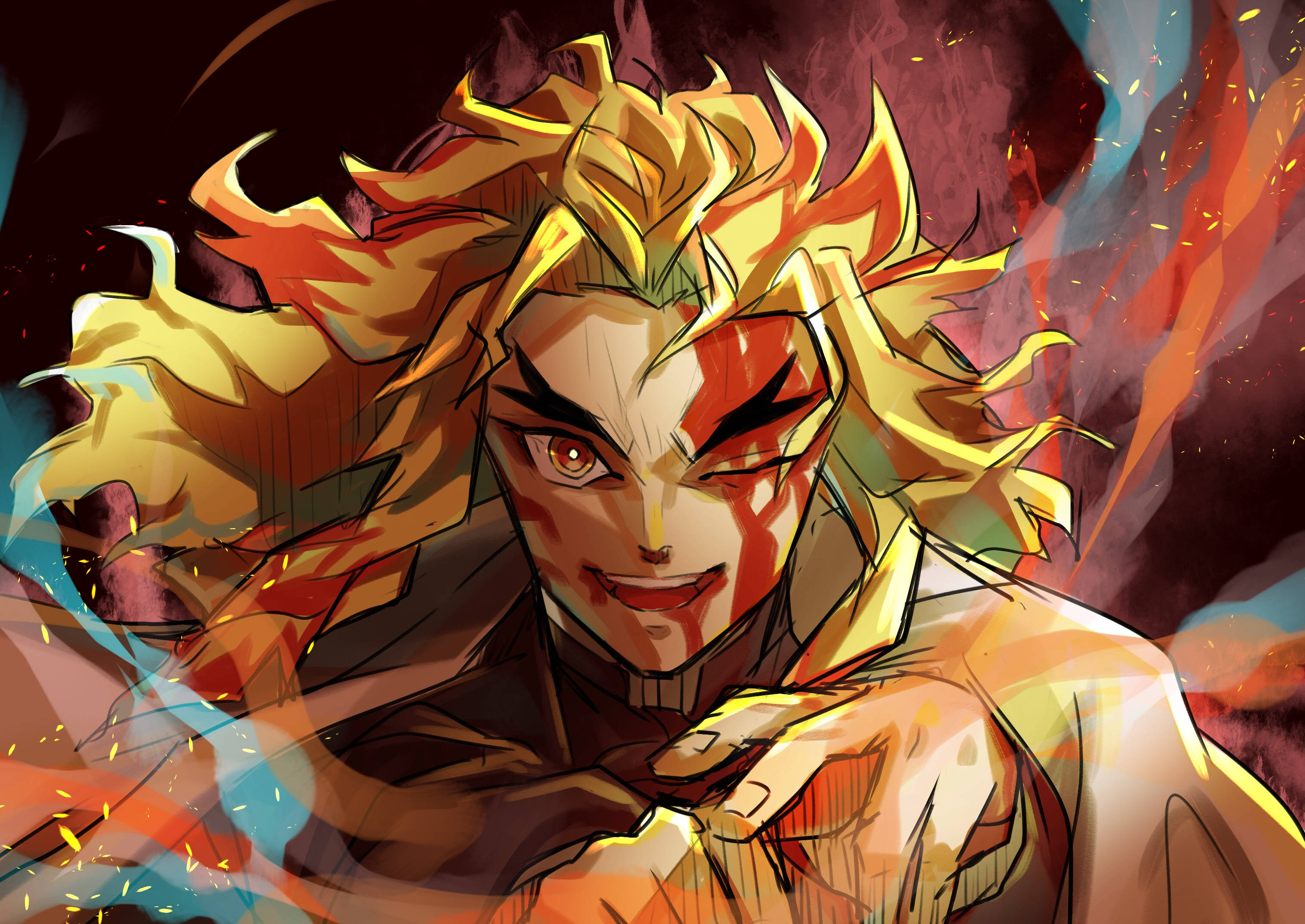 Kyojuro Rengoku 桌布 壁紙 — 一位擁有火紅頭髮和紅色紋身、眼神銳利的動漫戰士，在黑暗動態背景中散發力量。