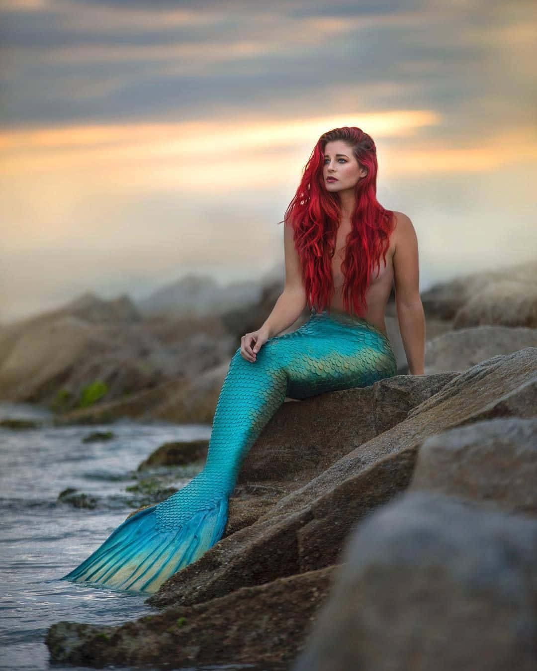 美人魚 桌布 壁紙 — 一位擁有火紅頭髮和藍綠色鱗尾的美人魚在日落時優雅地坐在海岸岩石上。