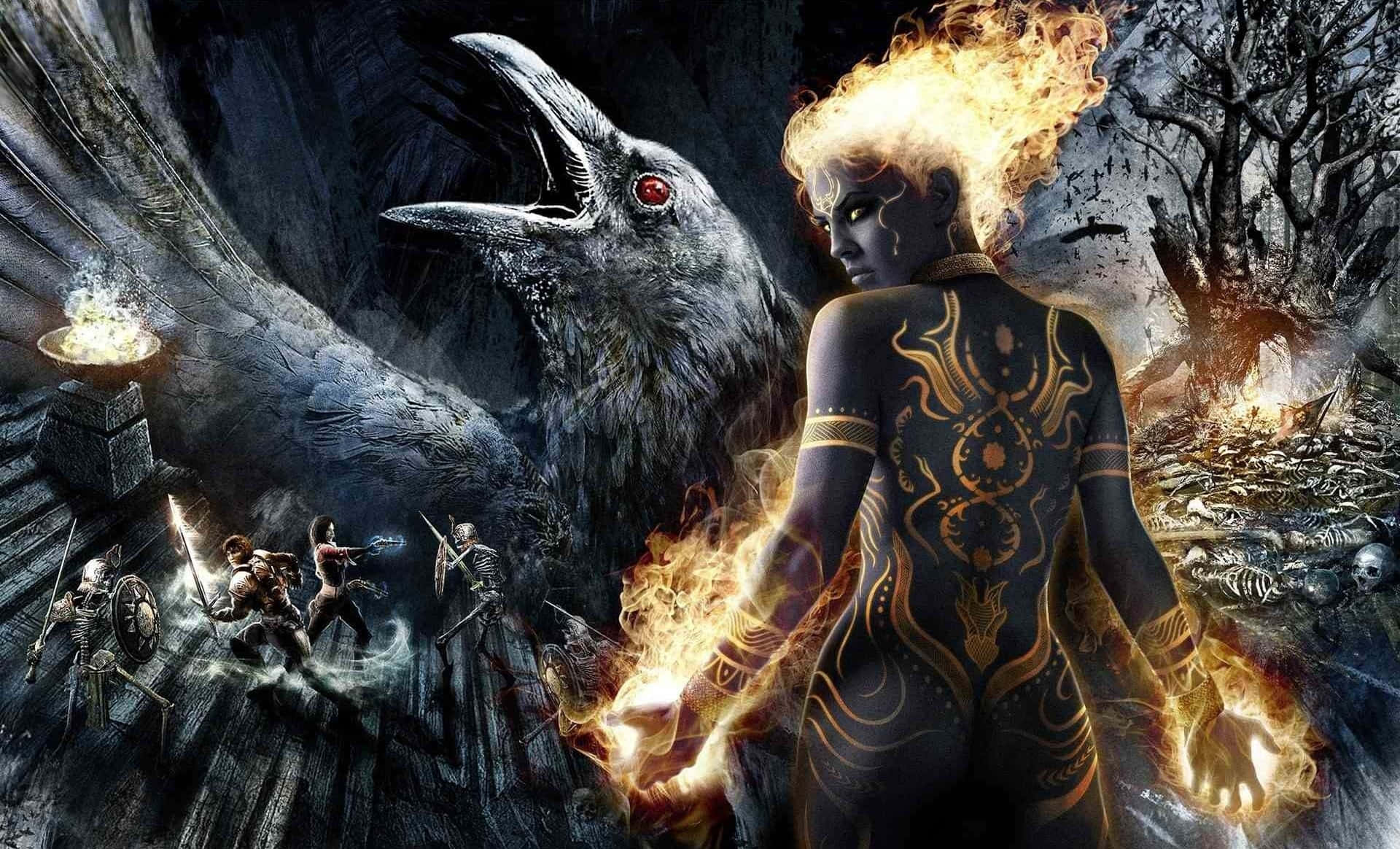 Dungeons And Dragons 桌布 壁紙 — 一位擁有火紅頭髮和金色紋身的女子站在一隻巨鴉面前，戰士們在黑暗如骷髏的森林中戰鬥。