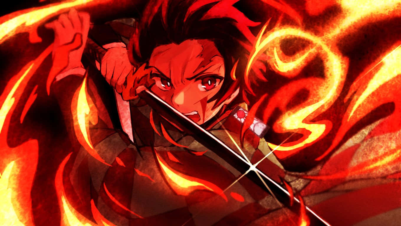 Demon Slayer Season 2 桌布 壁紙 — 一位擁有火紅頭髮和銳利眼神的動漫戰士，握著一把被旋轉火焰包圍的劍，擺出動態的戰鬥姿勢。