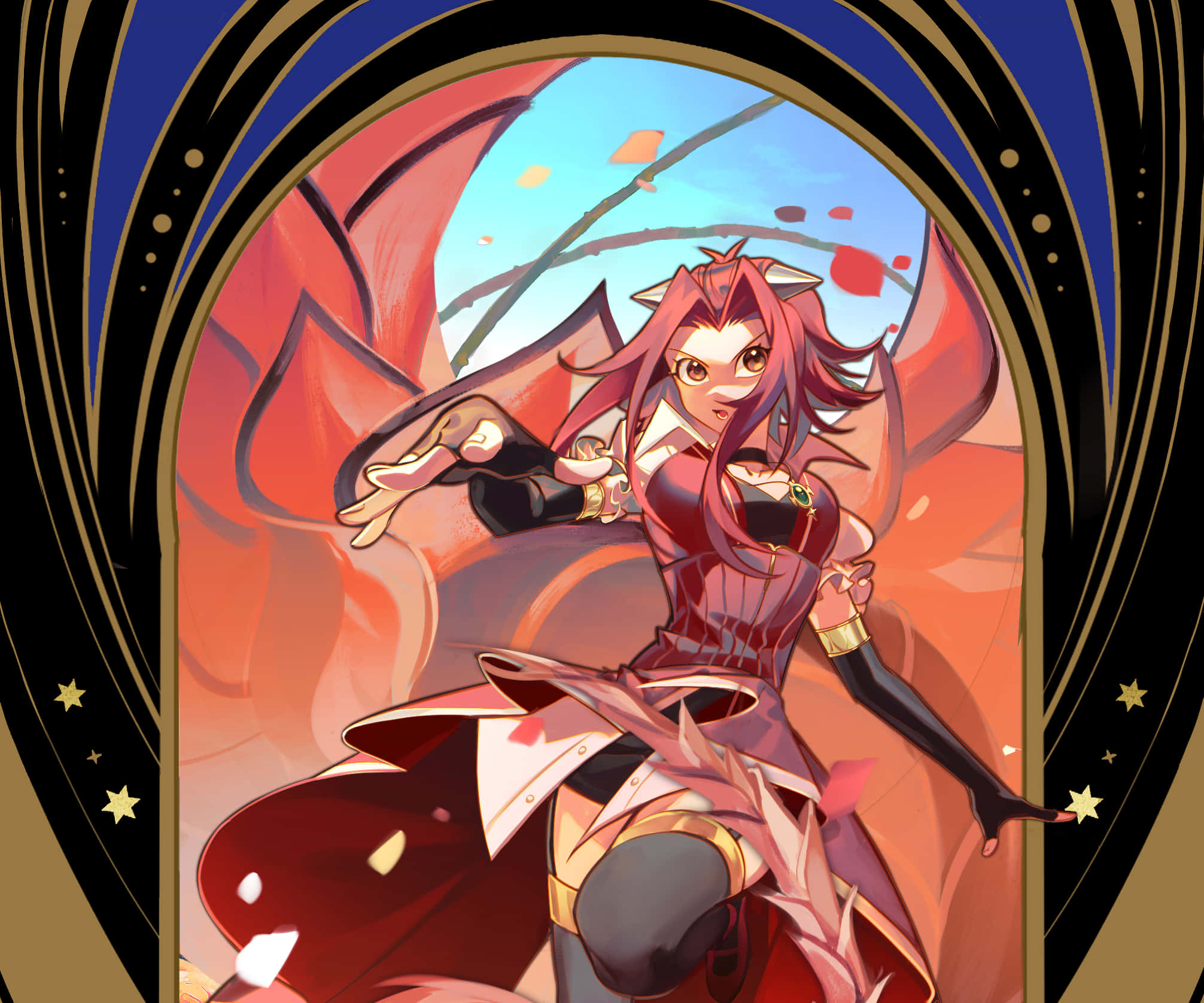 Akiza Izinski 桌布 壁紙 — 一位擁有火紅頭髮的動漫女孩，身穿紅黑服裝，在華麗的拱門和飄落的花瓣襯托下擺出動感姿勢。
