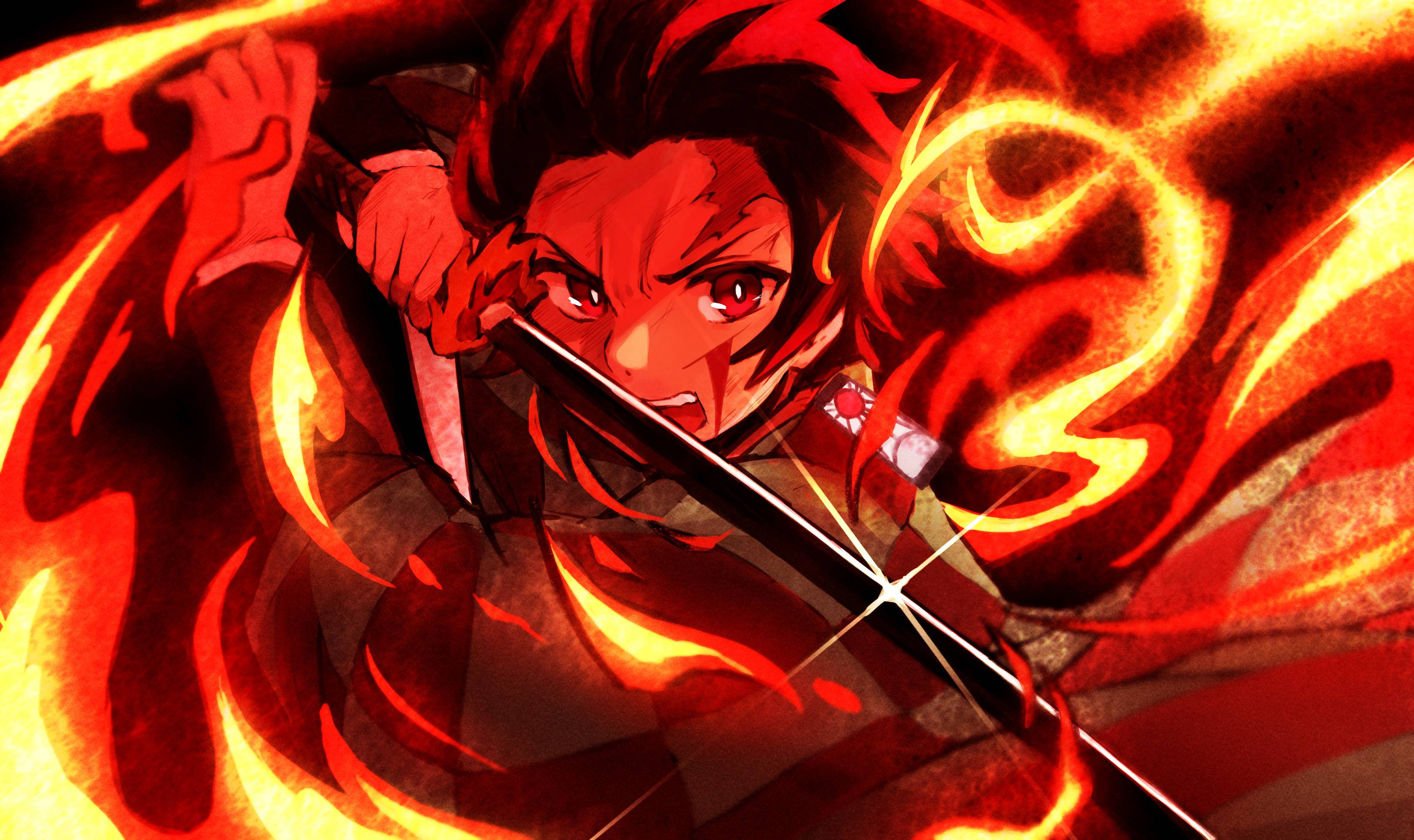 動漫男孩 桌布 壁紙 — 一位擁有火紅頭髮的動漫戰士，在旋轉的火焰中揮劍斬擊，呈現出動態的戰鬥場景。