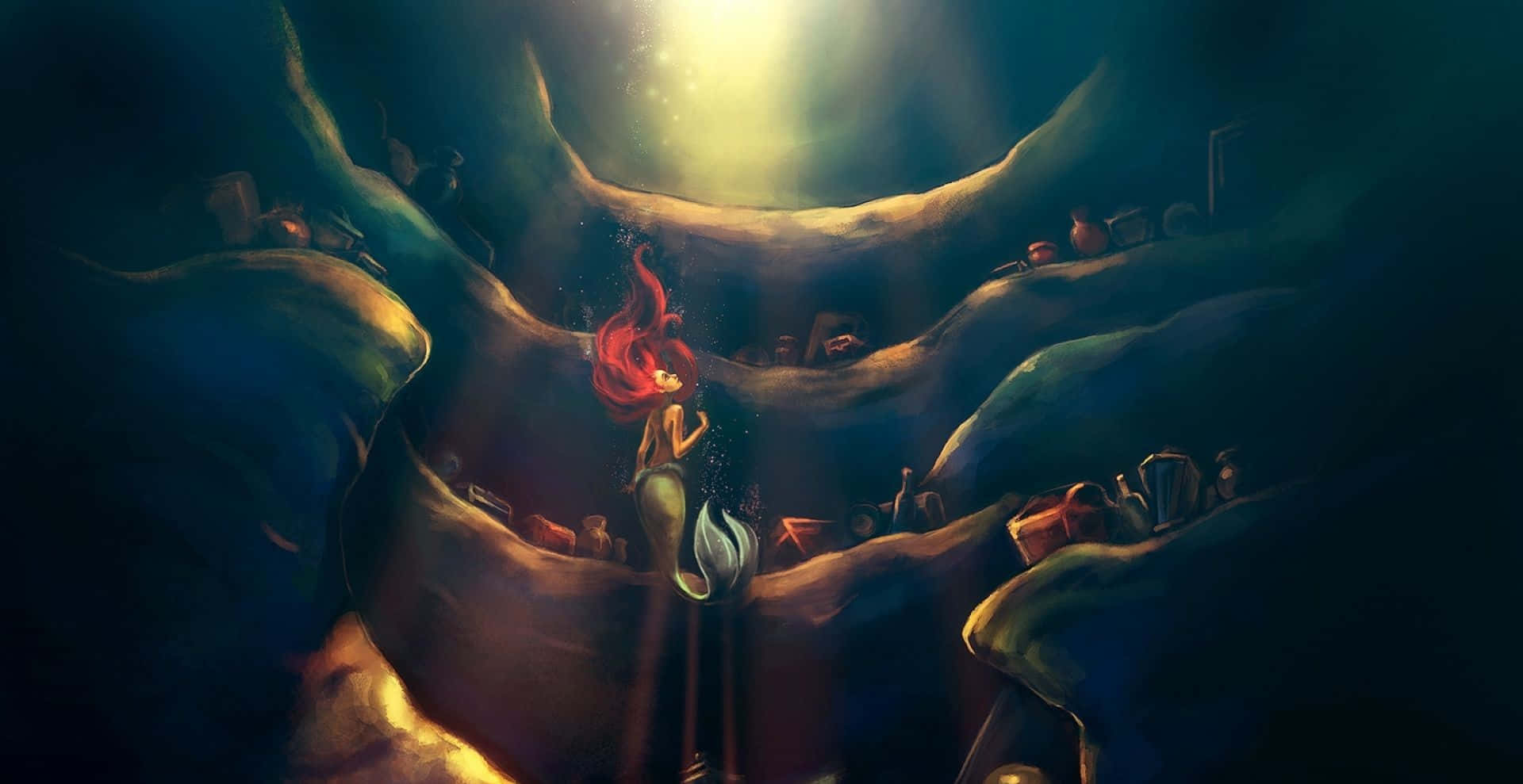 美人魚 桌布 壁紙 — 一位擁有火紅頭髮的美人魚，透過一個充滿寶藏、陽光普照的水下洞穴向上凝視。