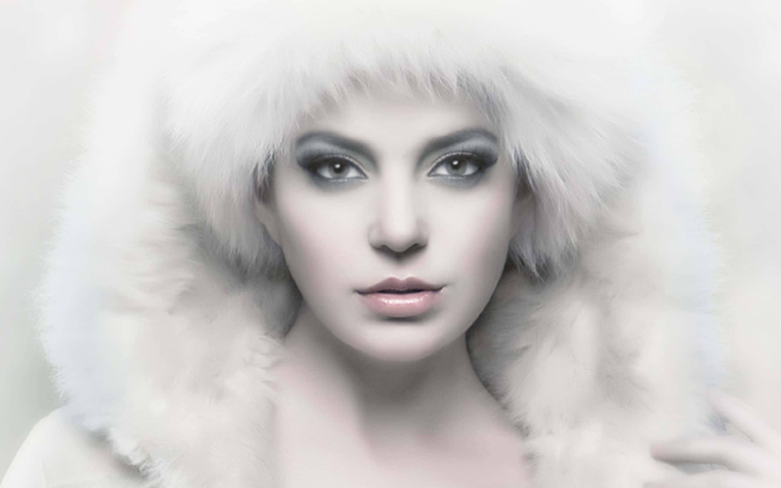 Winter Fashion 桌布 壁紙 — 一位擁有煙灰色眼睛、戴著白色毛皮兜帽的女性，以平靜而從容的表情直視前方。